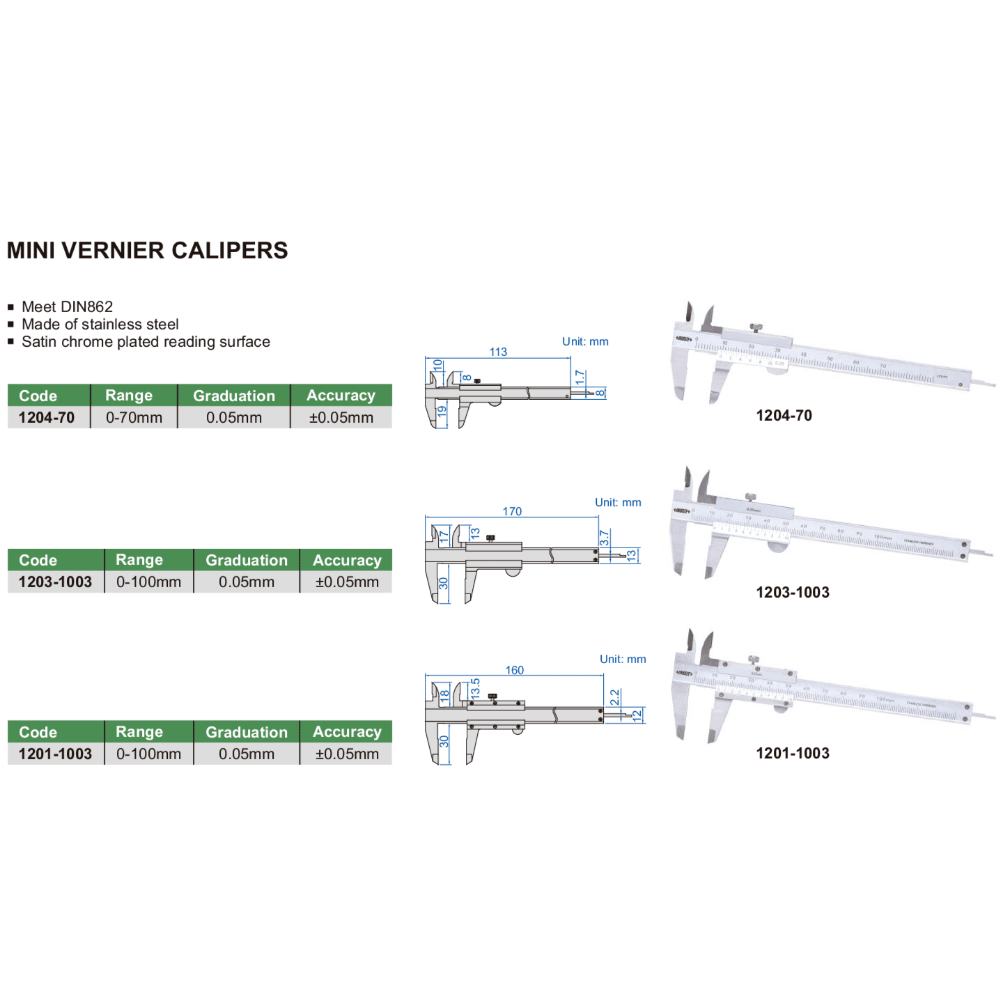 Insize Mini Vernier Caliper 0-100mm Range Series 1201-1003 - Twin Eagle Imports