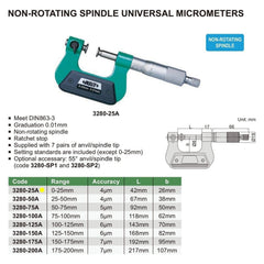 Insize Non-Rotating Micrometer with Anvil/spindle tips 0-25mm Range Series 3280-25A - Twin Eagle Imports