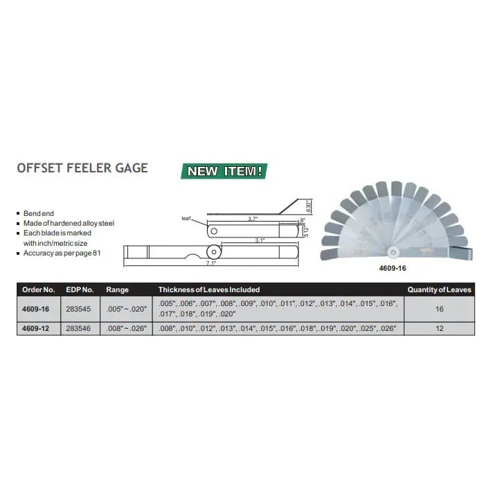 Insize Offset Feeler Gauge 0.008-0.026" Range Series 4609-12 - Twin Eagle Imports