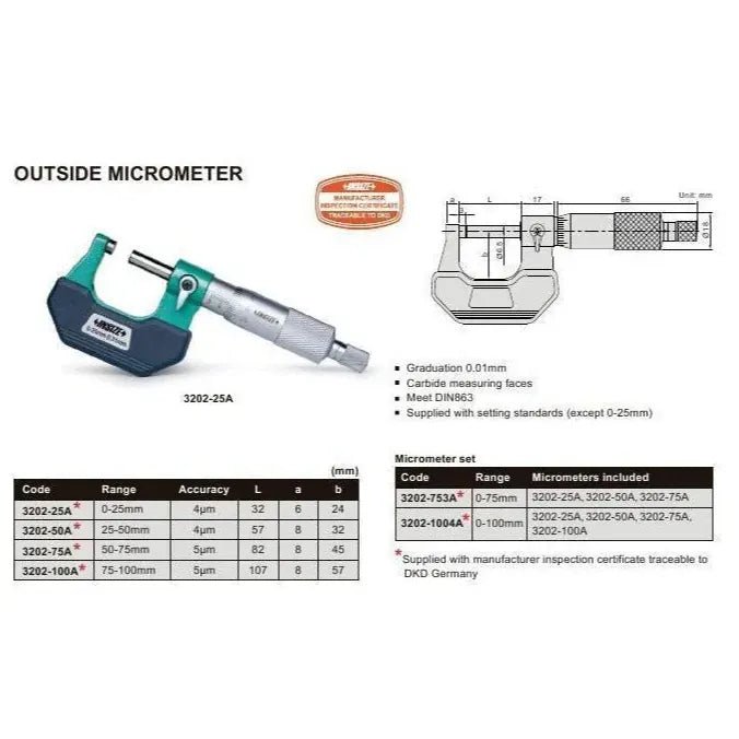 Insize Outside Micrometer 0-1" Range Series 3202-1 - Twin Eagle Imports