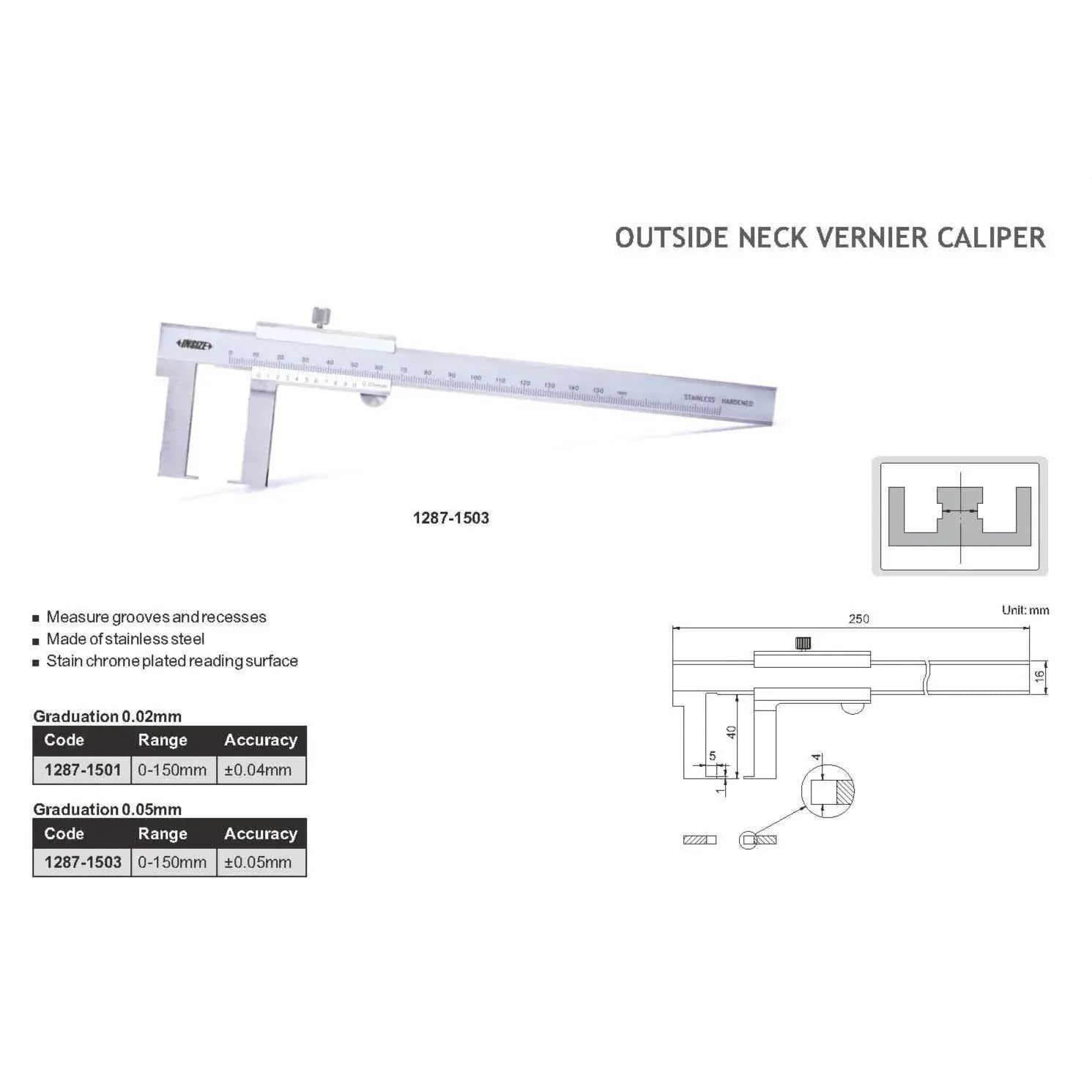 Insize Outside Neck Vernier Caliper 0-150mm Series 1287-1503 - Twin Eagle Imports