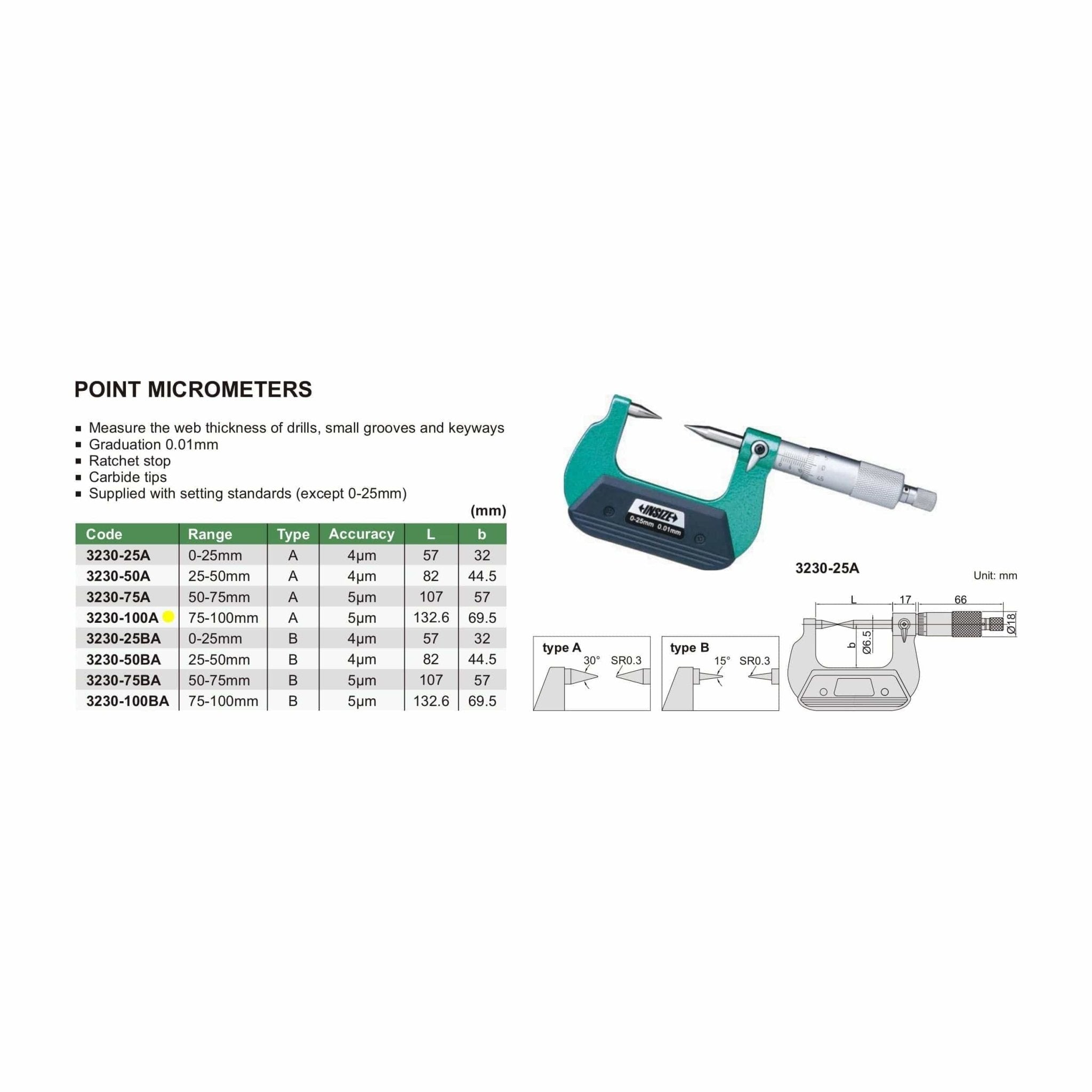 Insize Point Micrometer 75-100mm Range Series 3230-100A - Twin Eagle Imports