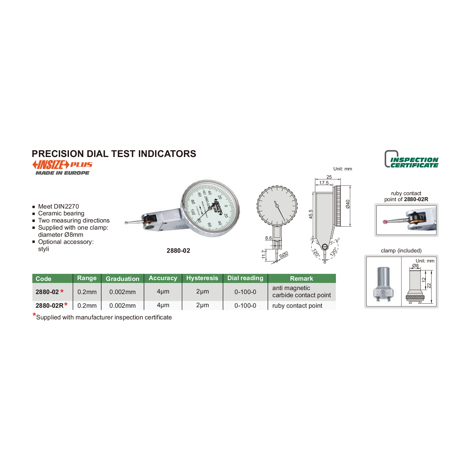 Insize Precision Dial Indicator 0.2mm Range Series 2880-02 - Twin Eagle Imports