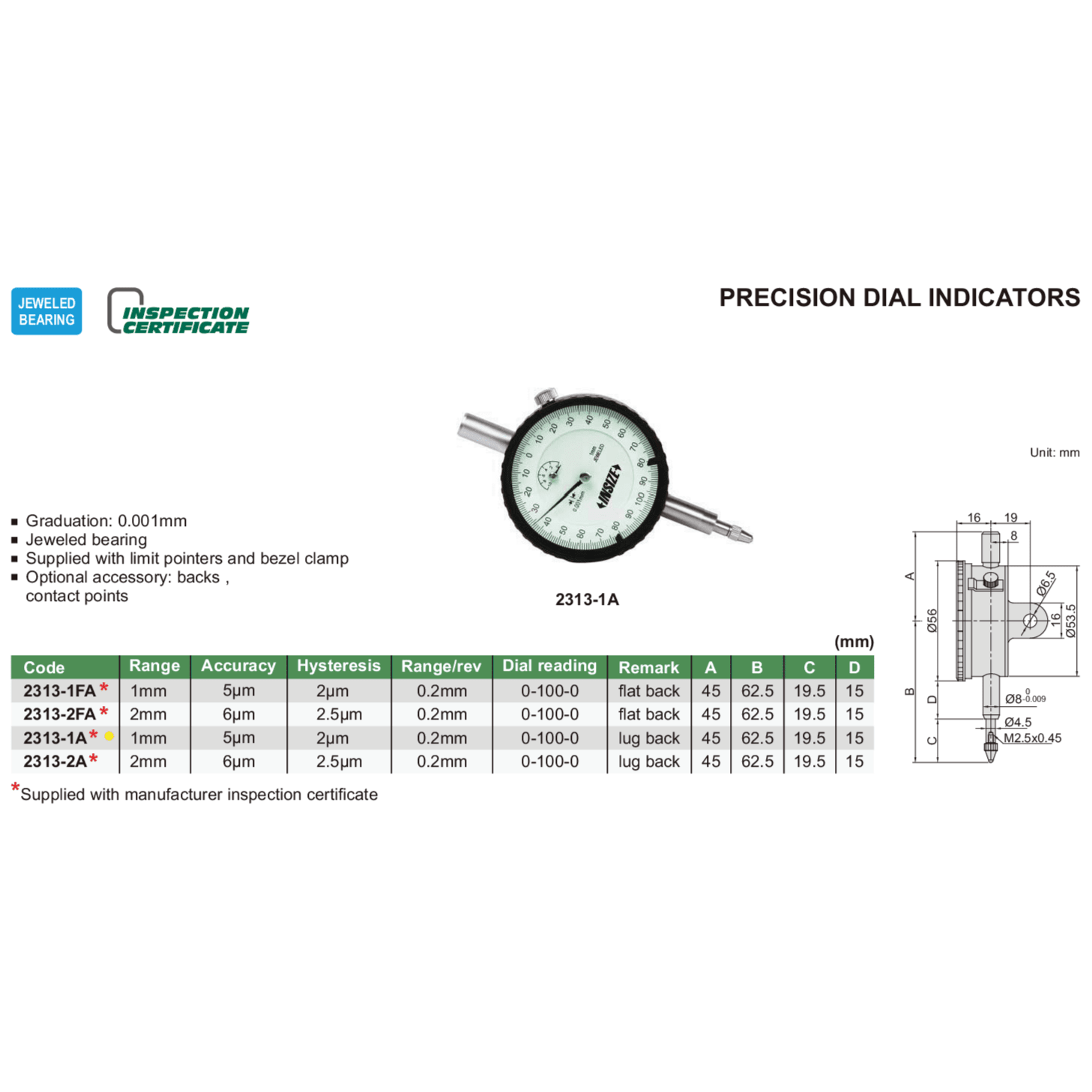 Insize Precision Dial Indicator 1mm Range Series 2313-1A - Twin Eagle Imports