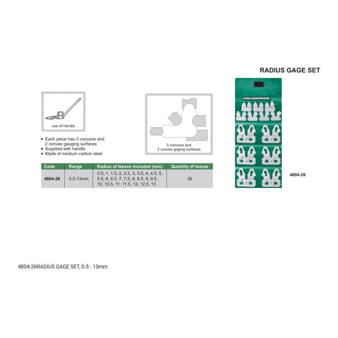 Insize Radius Gauge Set 0.5–13 mm Range Series 4804-26 - Twin Eagle Imports
