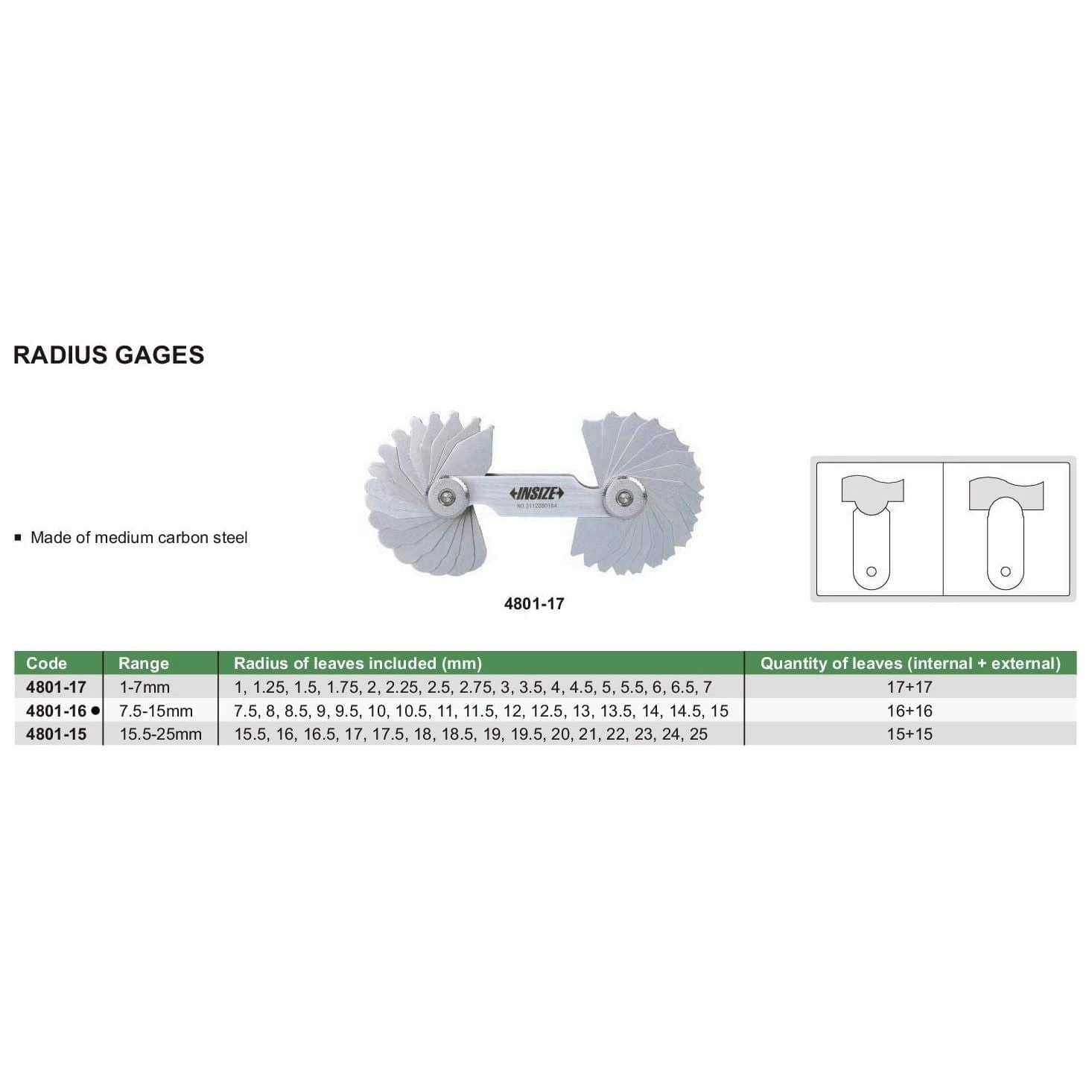 Insize Radius Gauge Set 7.5-15mm Range Series 4801-16 - Twin Eagle Imports