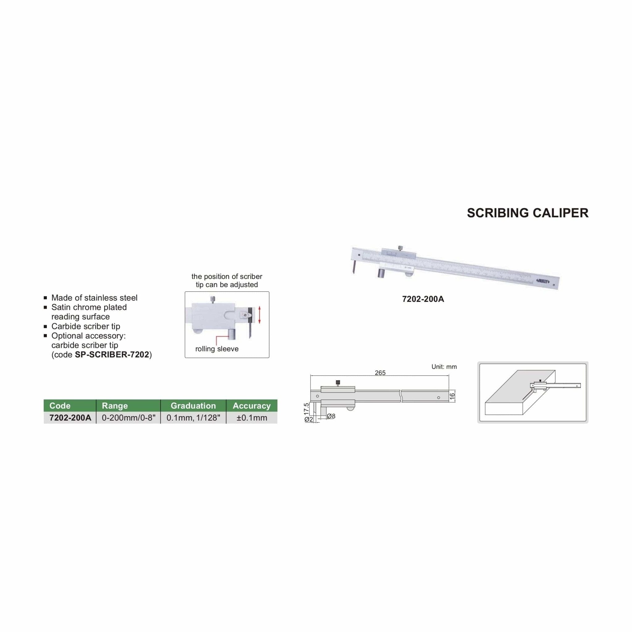 Insize Scribing Caliper 0-200mm/0-8" Range Series 7202-200A - Twin Eagle Imports