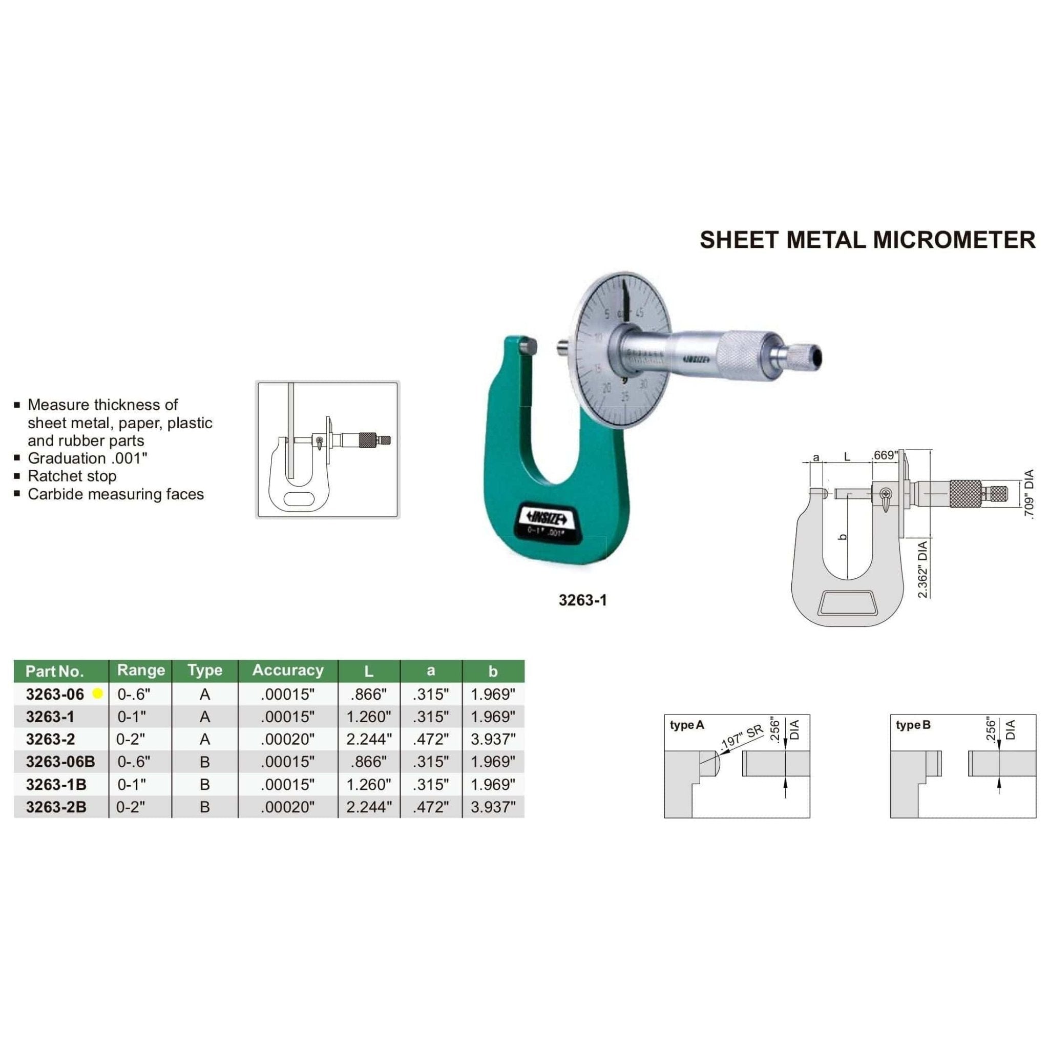 Insize Sheet Metal Micrometer 0-0.6" Range Series 3263-06 - Twin Eagle Imports