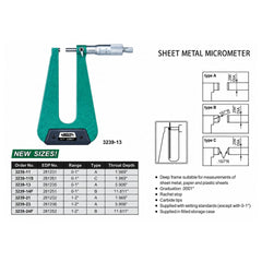 Insize Sheet Metal Micrometer 0-1" Range Series 3239-13 - Twin Eagle Imports