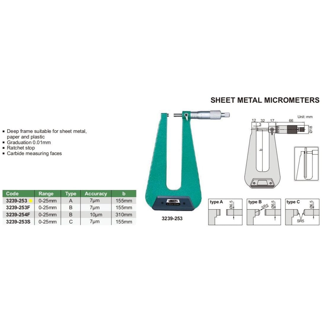 Insize Sheet Metal Micrometer 0-25mm Range Series 3239-253 - Twin Eagle Imports