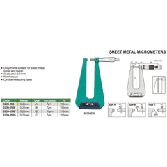 Insize Sheet Metal Micrometer 0-25mm Range Series 3239-253 - Twin Eagle Imports