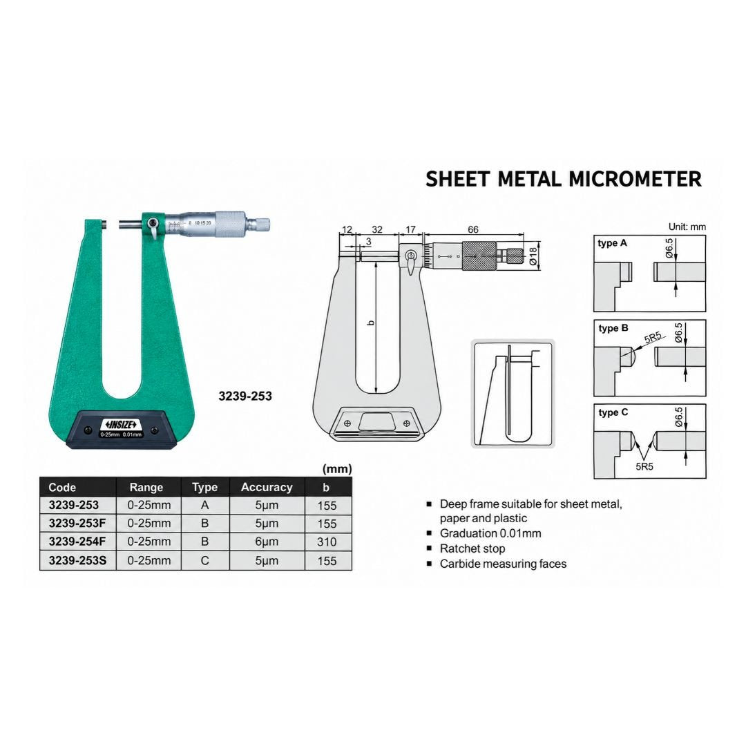Insize Sheet Metal Micrometer 0-25mm Range Series 3239-254F - Twin Eagle Imports