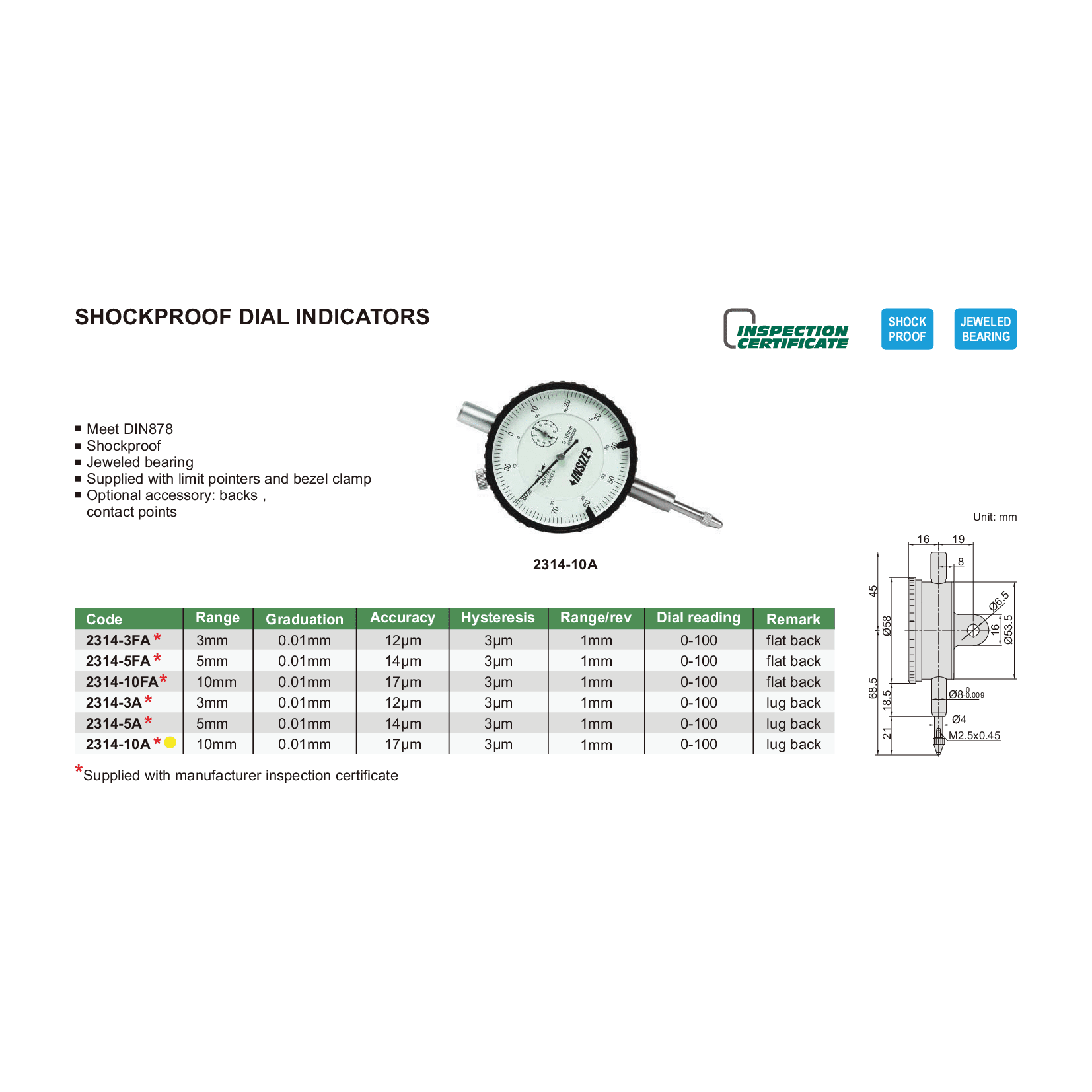 Insize Shockproof Dial Indicator 10mm Range Series 2314-10A - Twin Eagle Imports