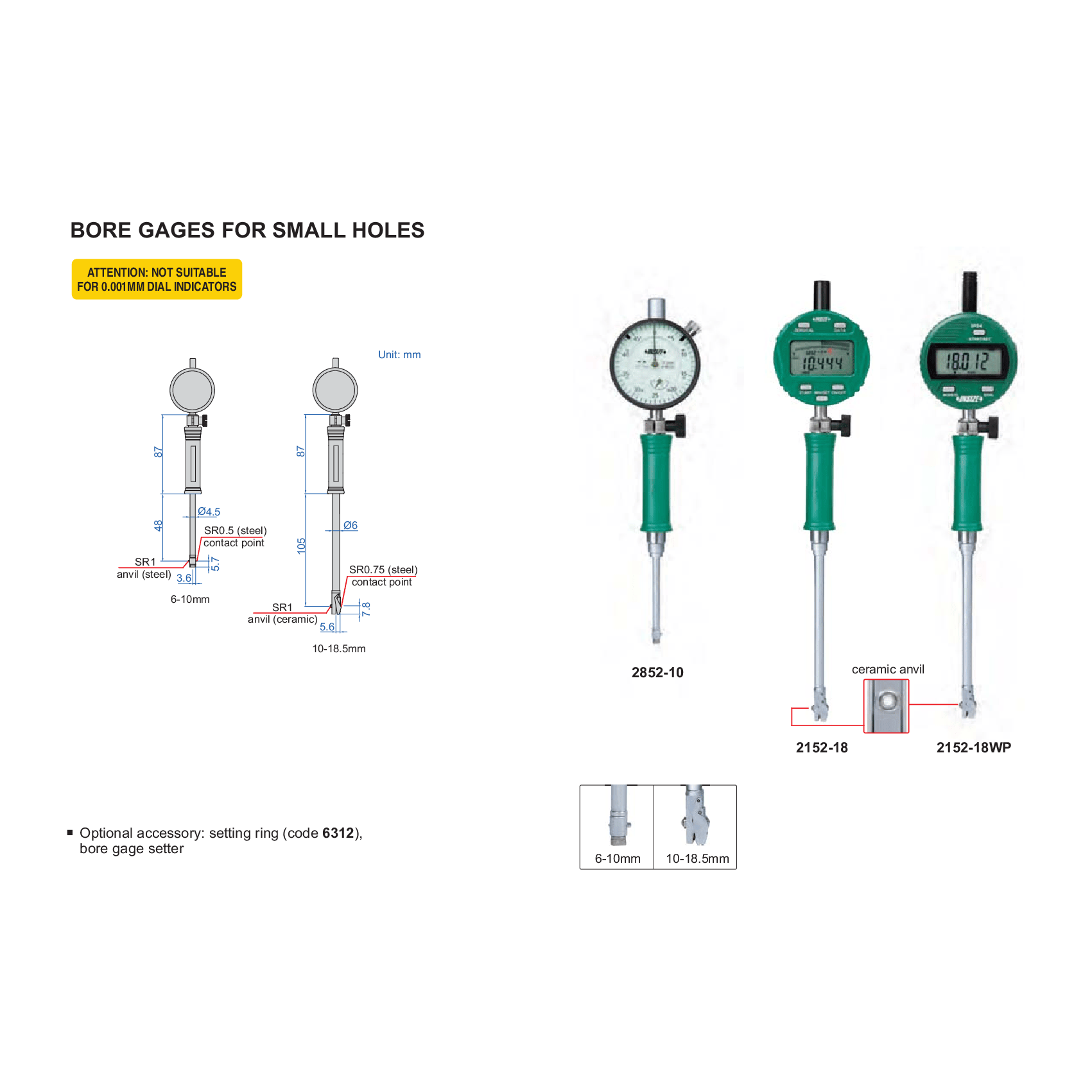 Insize Small Hole Bore Gauge 6-10mm Range Series 2852-10 - Twin Eagle Imports