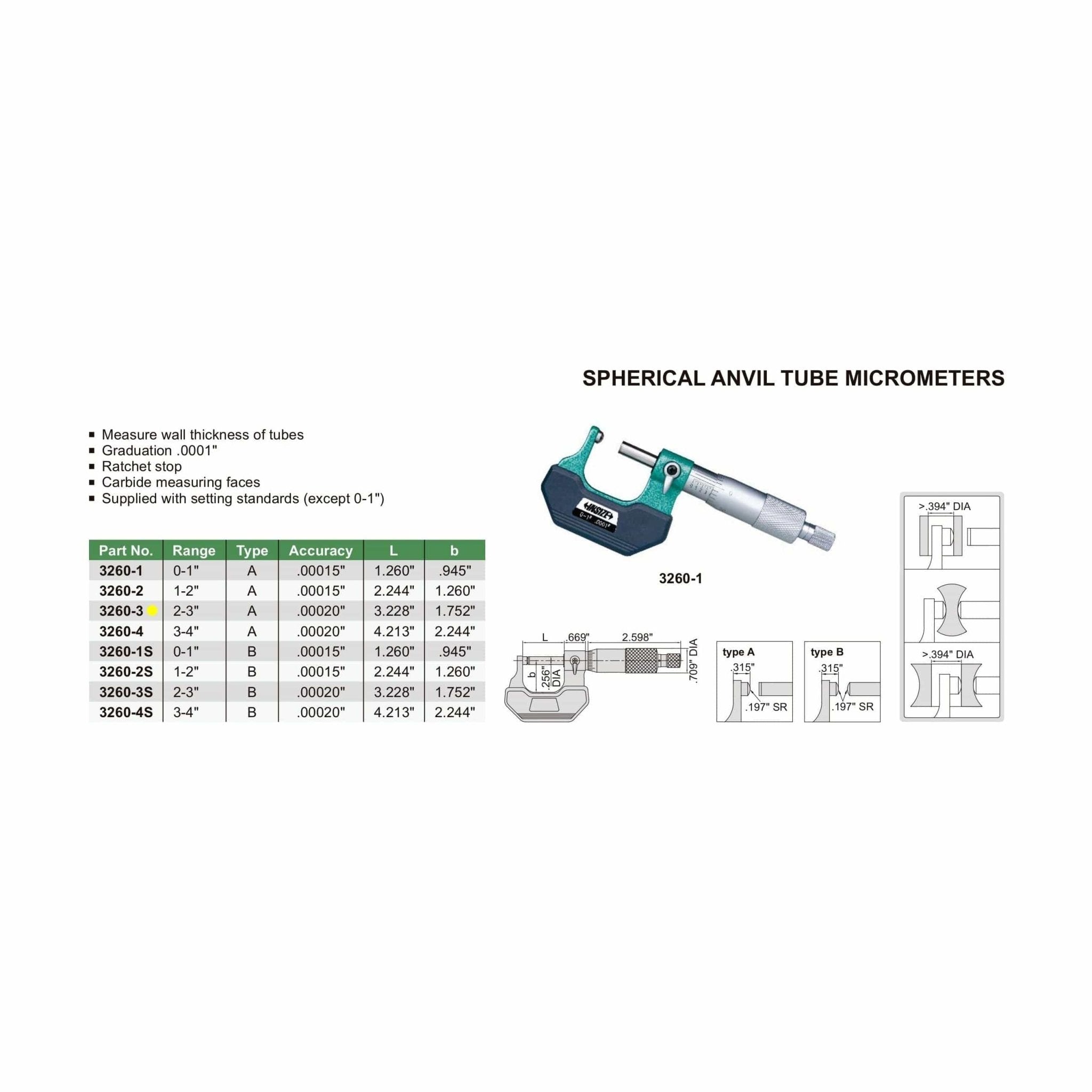 Insize Spherical Anvil Tube Micrometer 2-3" Type A Series 3260-3 - Twin Eagle Imports