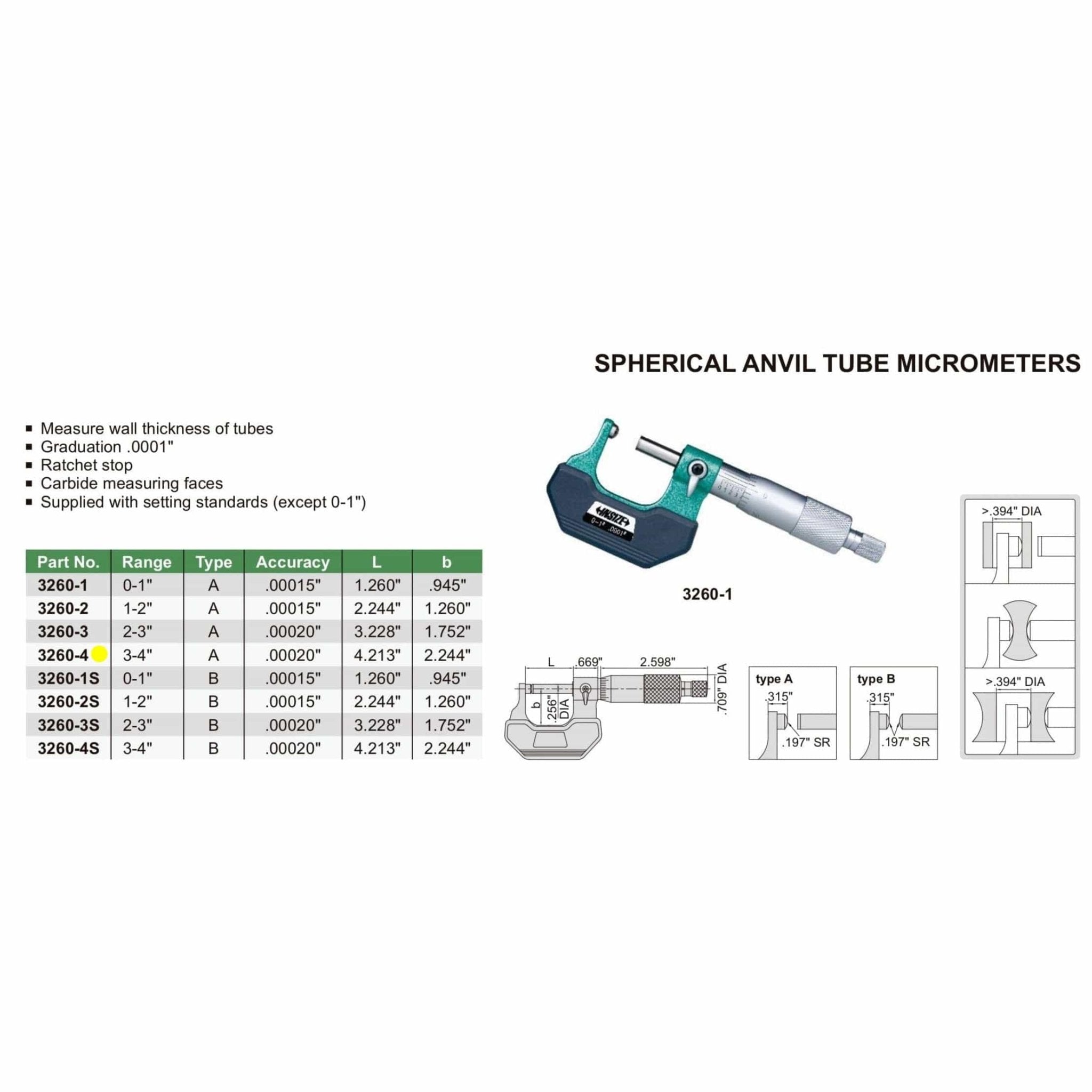 Insize Spherical Anvil Tube Micrometer 3-4" Type B Series 3260-4S - Twin Eagle Imports