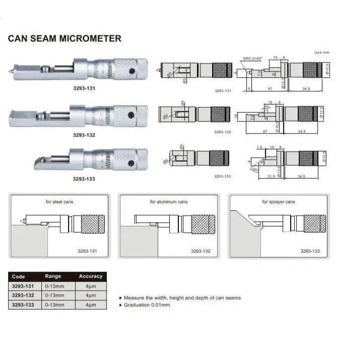 Insize Steel Can Seam Micrometer 0-13mm Range Series 3293-131 - Twin Eagle Imports