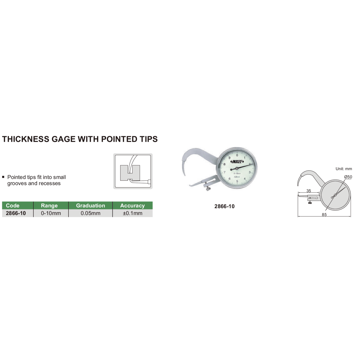 Insize Thickness Gauge 0-10mm x 0.05mm Range Series 2866-10 - Twin Eagle Imports