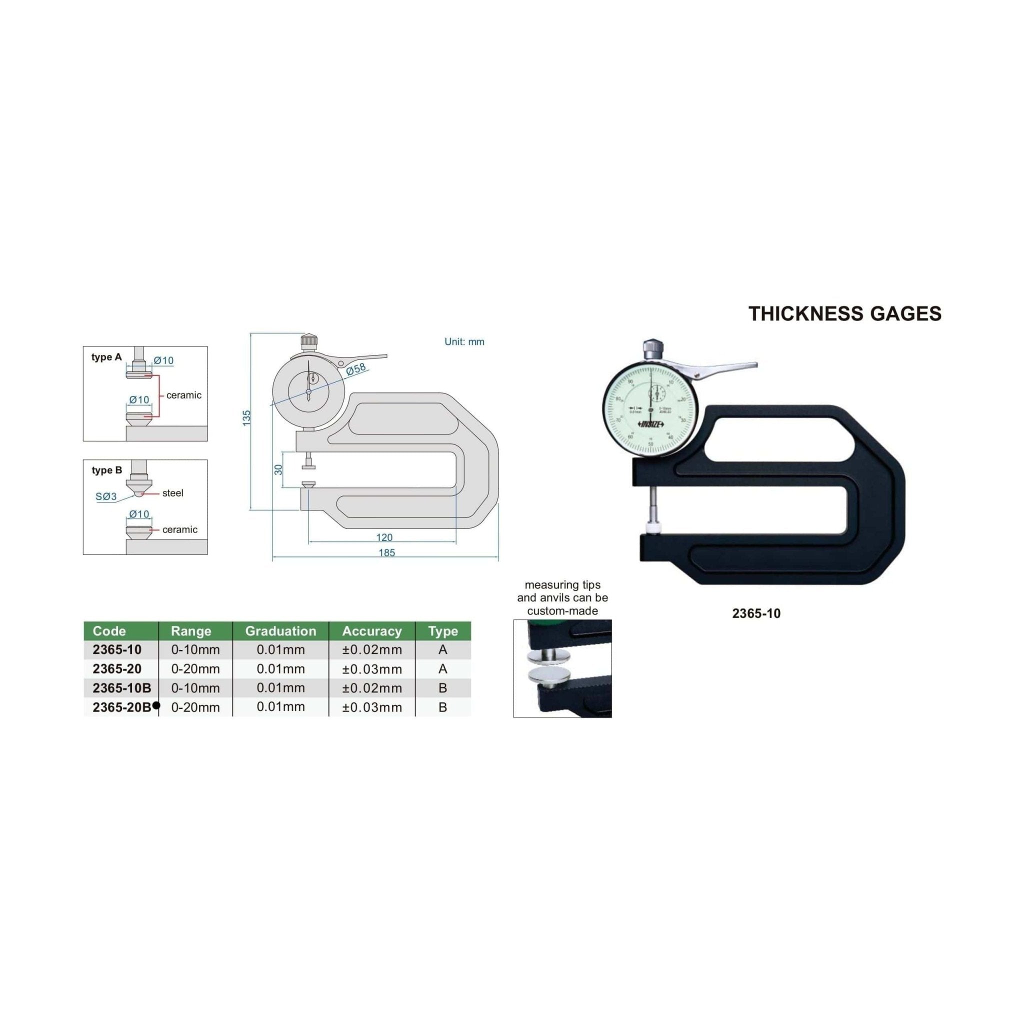 Insize Thickness Gauge 0-20mm x 0.01mm Range Series 2365-20B - Twin Eagle Imports