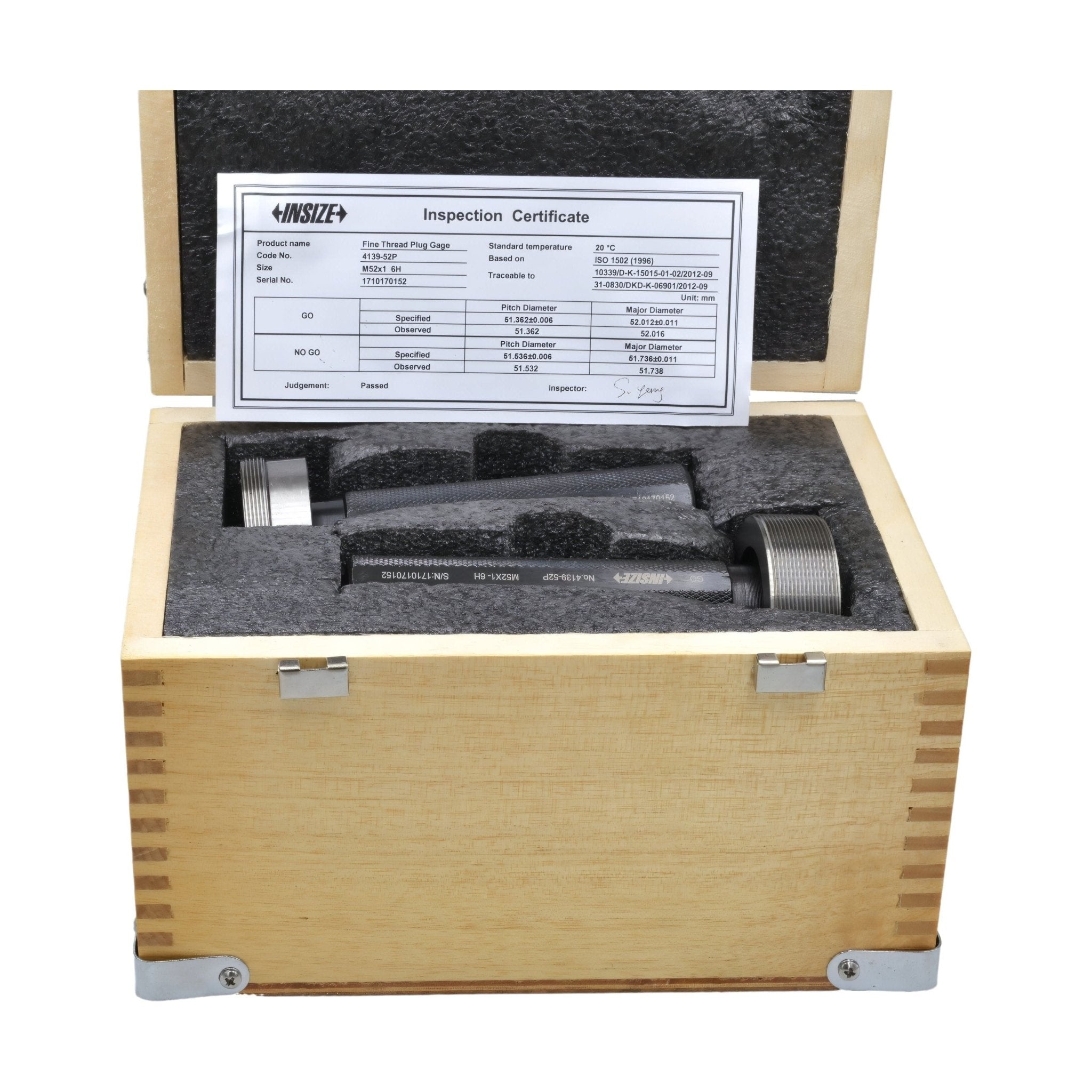 Insize Thread GO NOGO Plug Gauge M52x1mm Series 4139-52P - Twin Eagle Imports