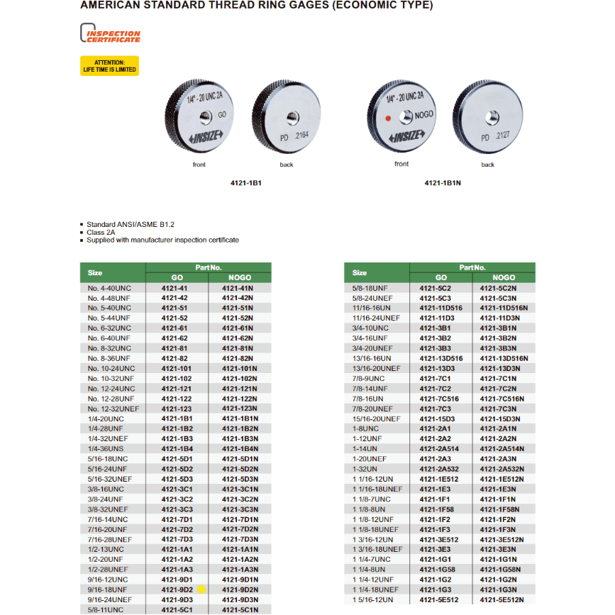 Insize Thread GO Ring Gauge 9/16"-18 UNF Series 4121-9D2 - Twin Eagle Imports