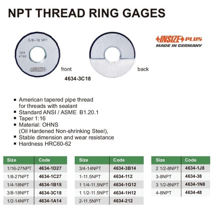 Insize Thread Ring Gauge 3/8" NPT Range Series 4634-3C18 - Twin Eagle Imports