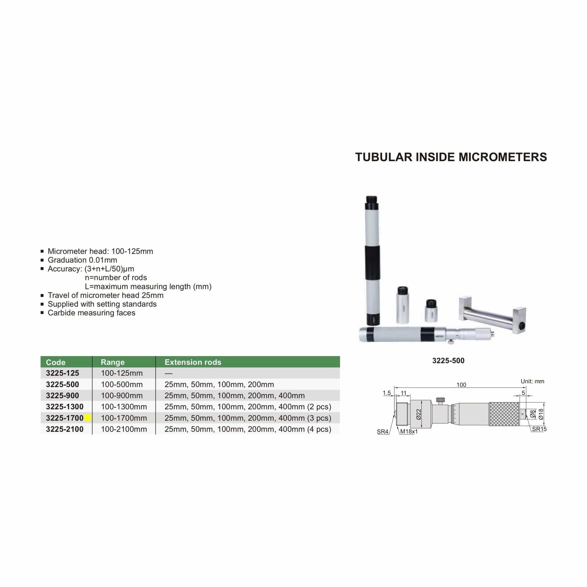 Insize Tubular Inside Micrometer 100-1700mm Range Series 3225-1700 - Twin Eagle Imports