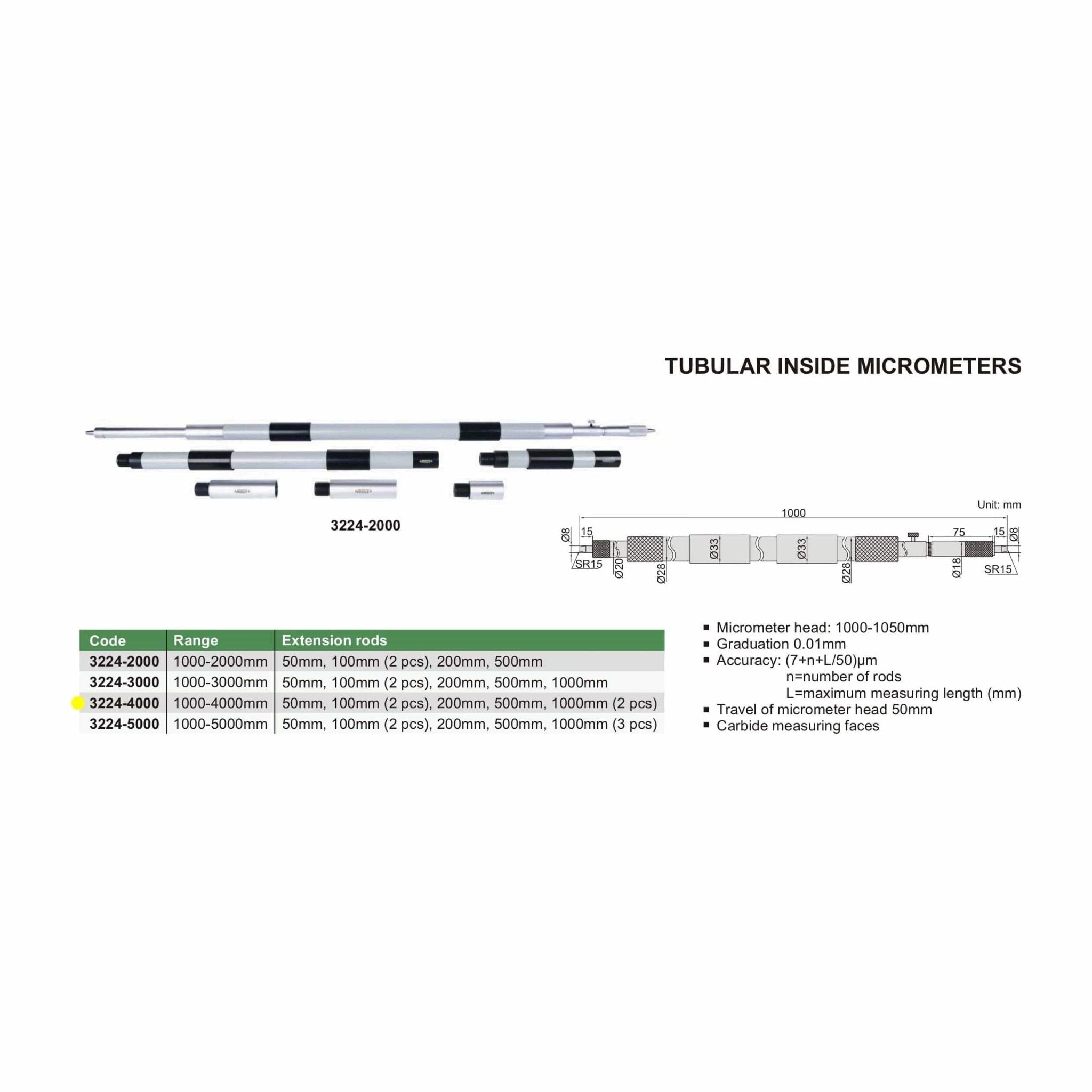 Insize Tubular Inside Micrometer 1000-4000mm Range Series 3224-4000 - Twin Eagle Imports
