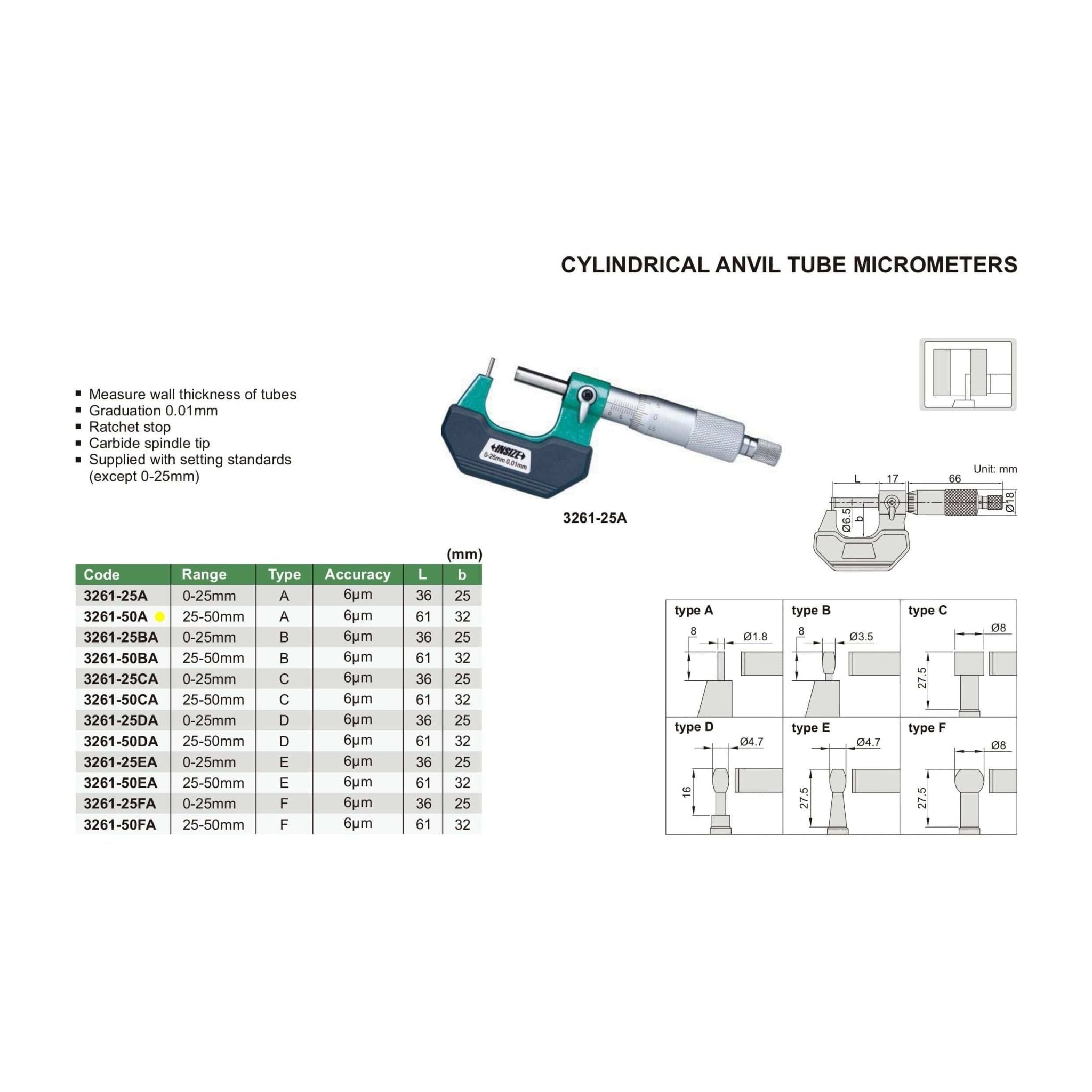 Insize Type A Cylindrical Anvil Tube Micrometer 25-50mm Range Series 3261-50A - Twin Eagle Imports