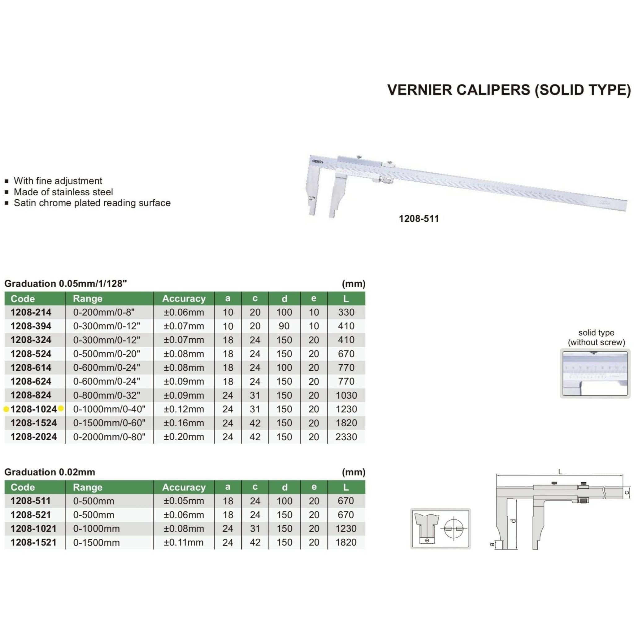 Insize Vernier Caliper 0-1000mm/0-40" Range Series 1208-1024 - Twin Eagle Imports