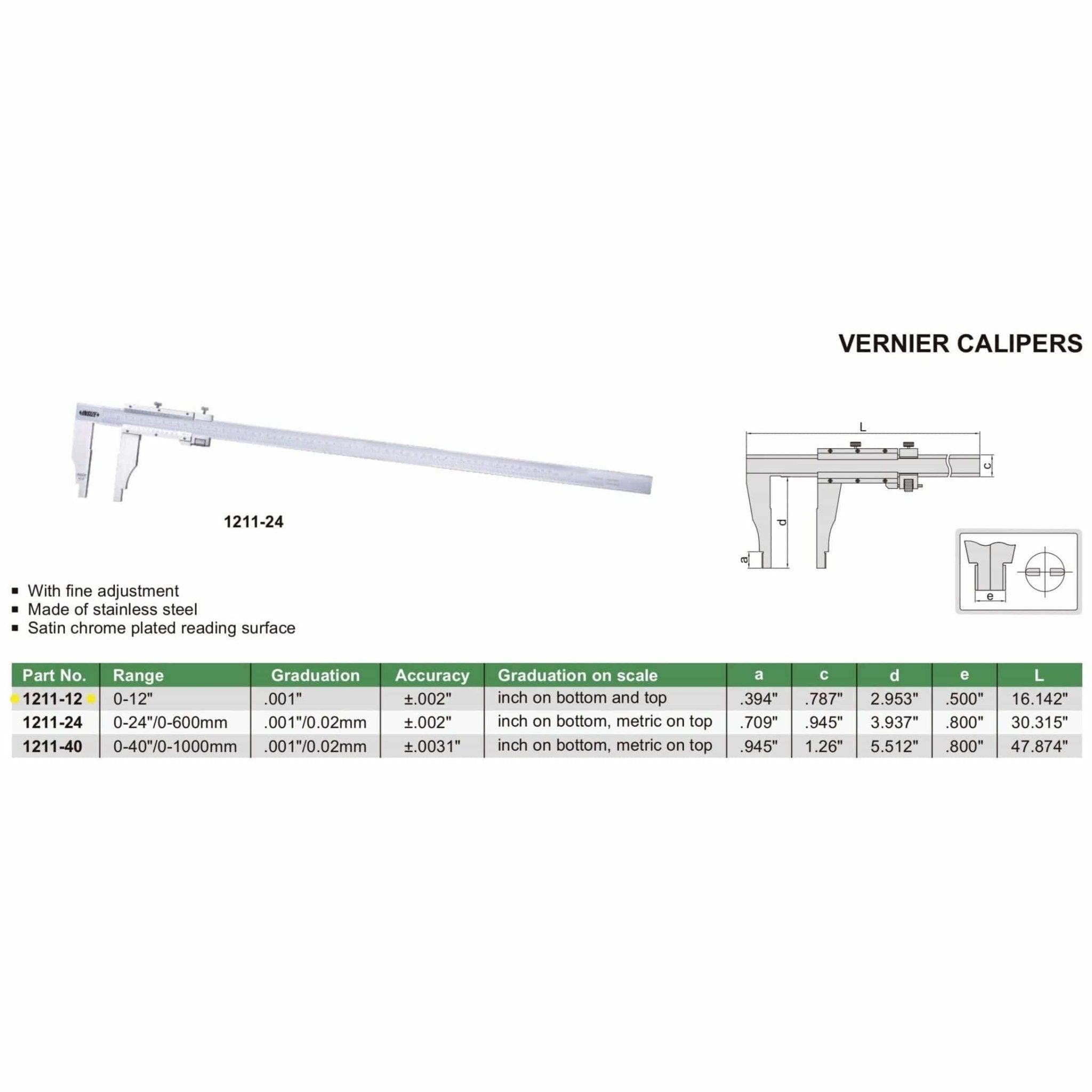Insize Vernier Caliper 0-12" Range Series 1211-12 - Twin Eagle Imports