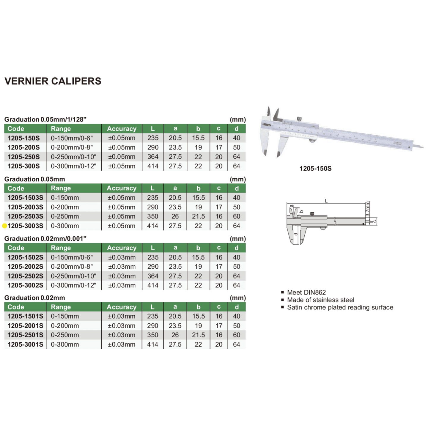 Insize Vernier Caliper 0-300mm Range Series 1205-3003S - Twin Eagle Imports