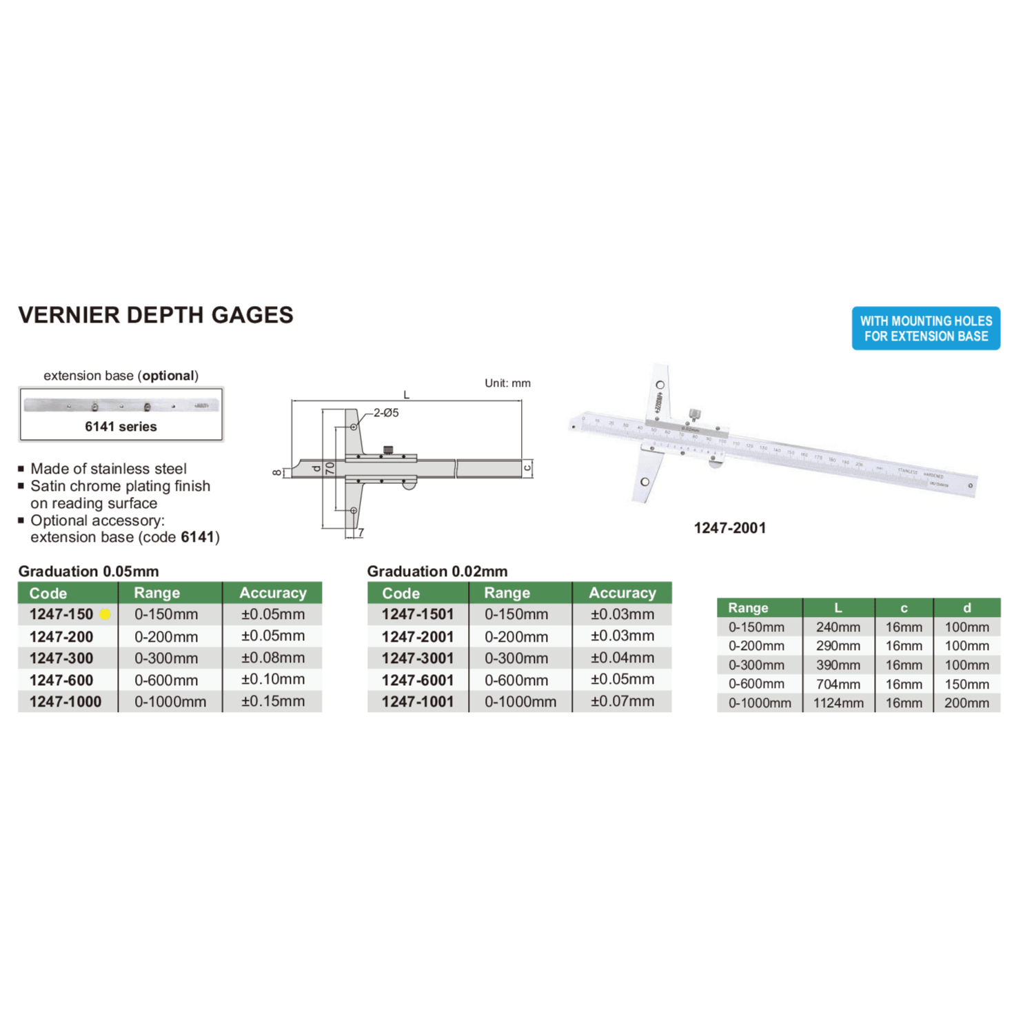 Insize Vernier Depth Gauge 0-150mm Range Series 1247-150 - Twin Eagle Imports