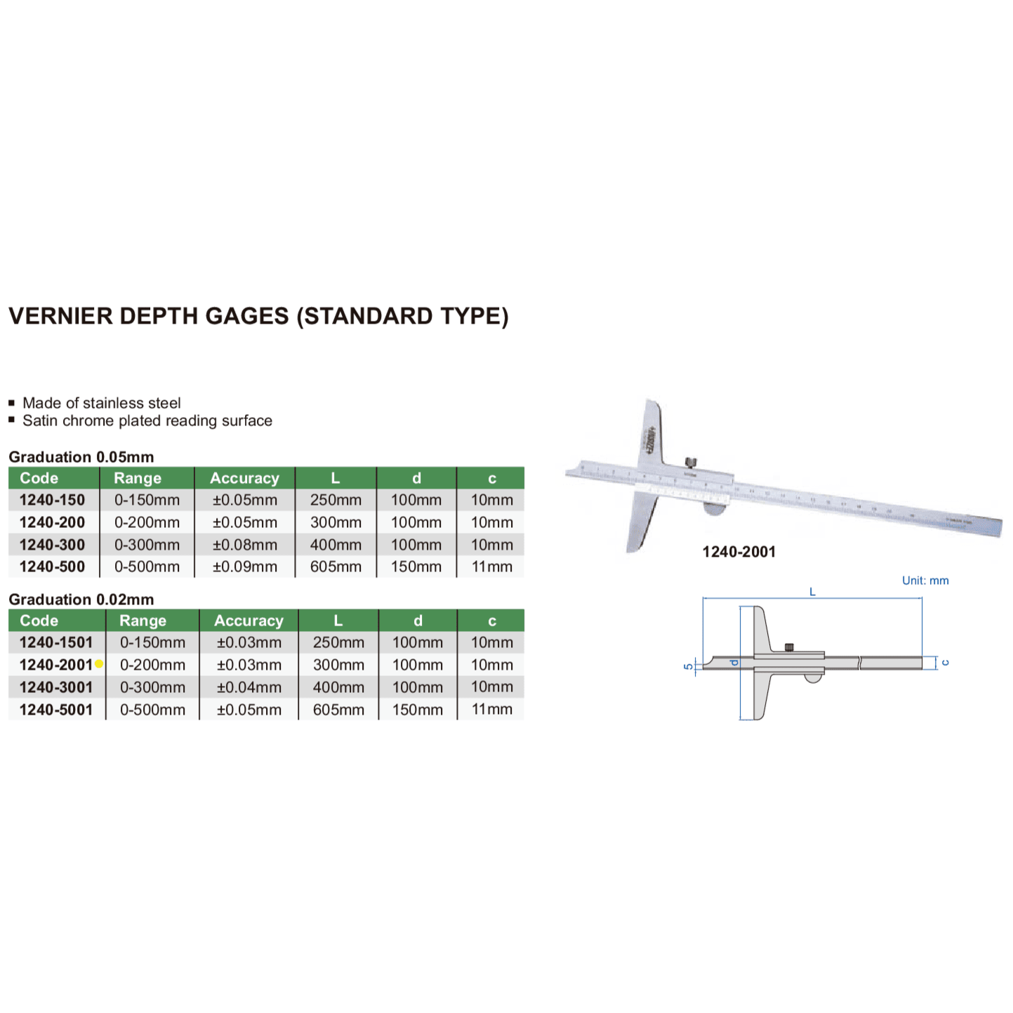 Insize Vernier Depth Gauge 0-200mm Range Series 1240-2001 - Twin Eagle Imports