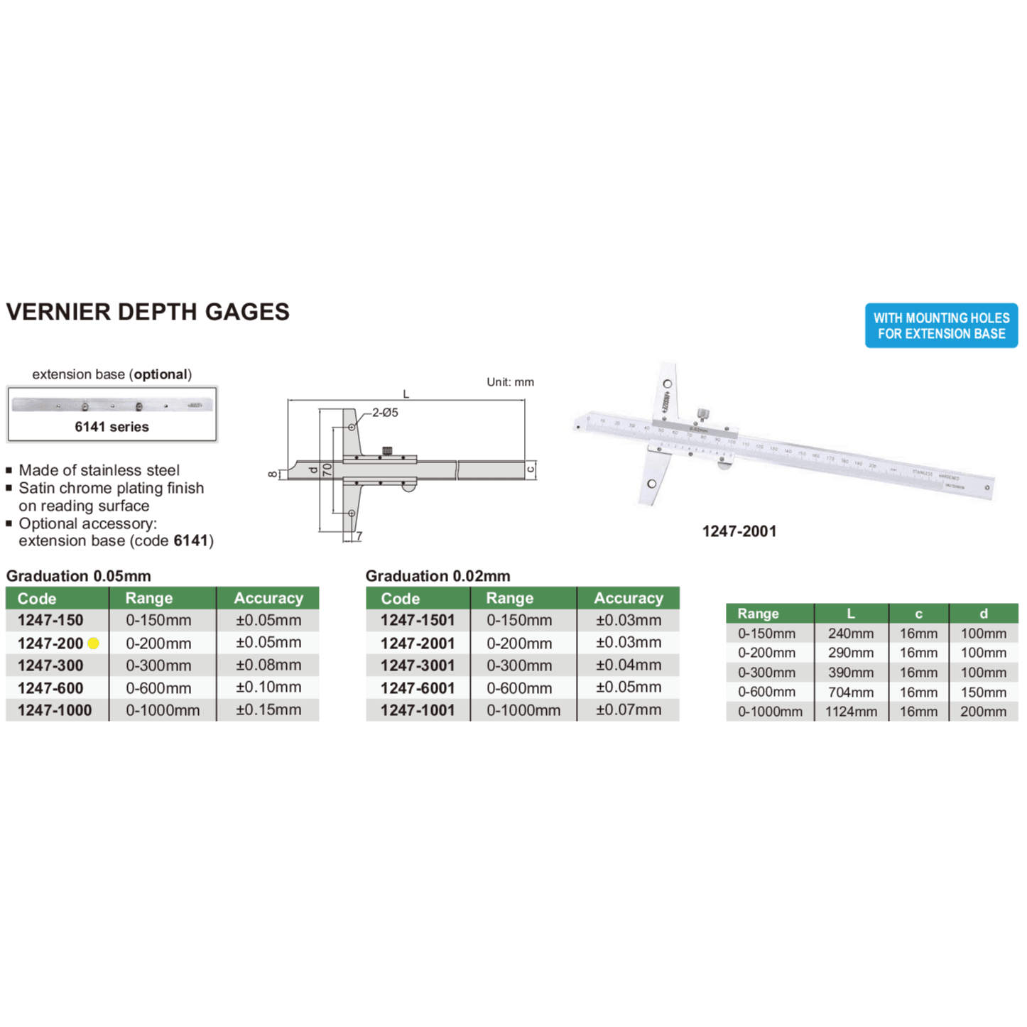Insize Vernier Depth Gauge 0-200mm Range Series 1247-200 - Twin Eagle Imports
