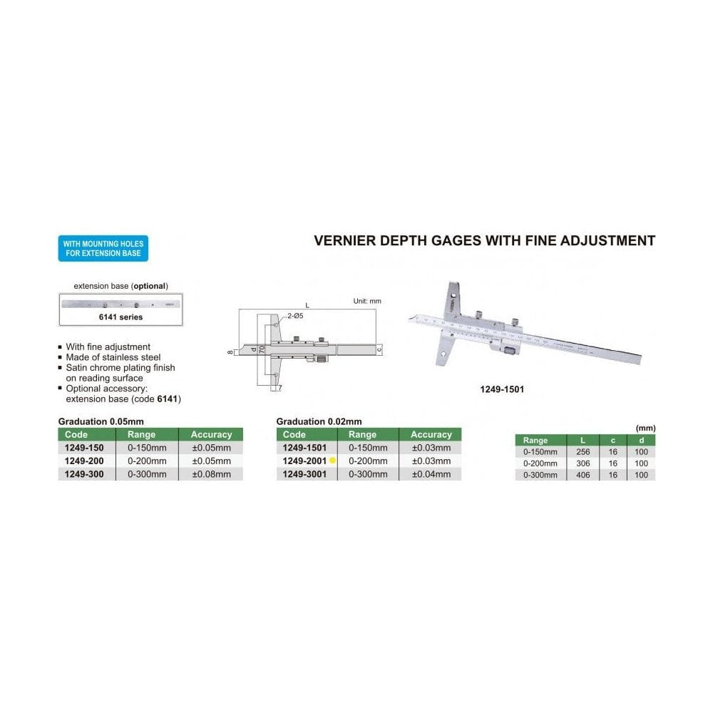 Insize Vernier Depth Gauge 0-200mm Range Series 1249-2001 - Twin Eagle Imports