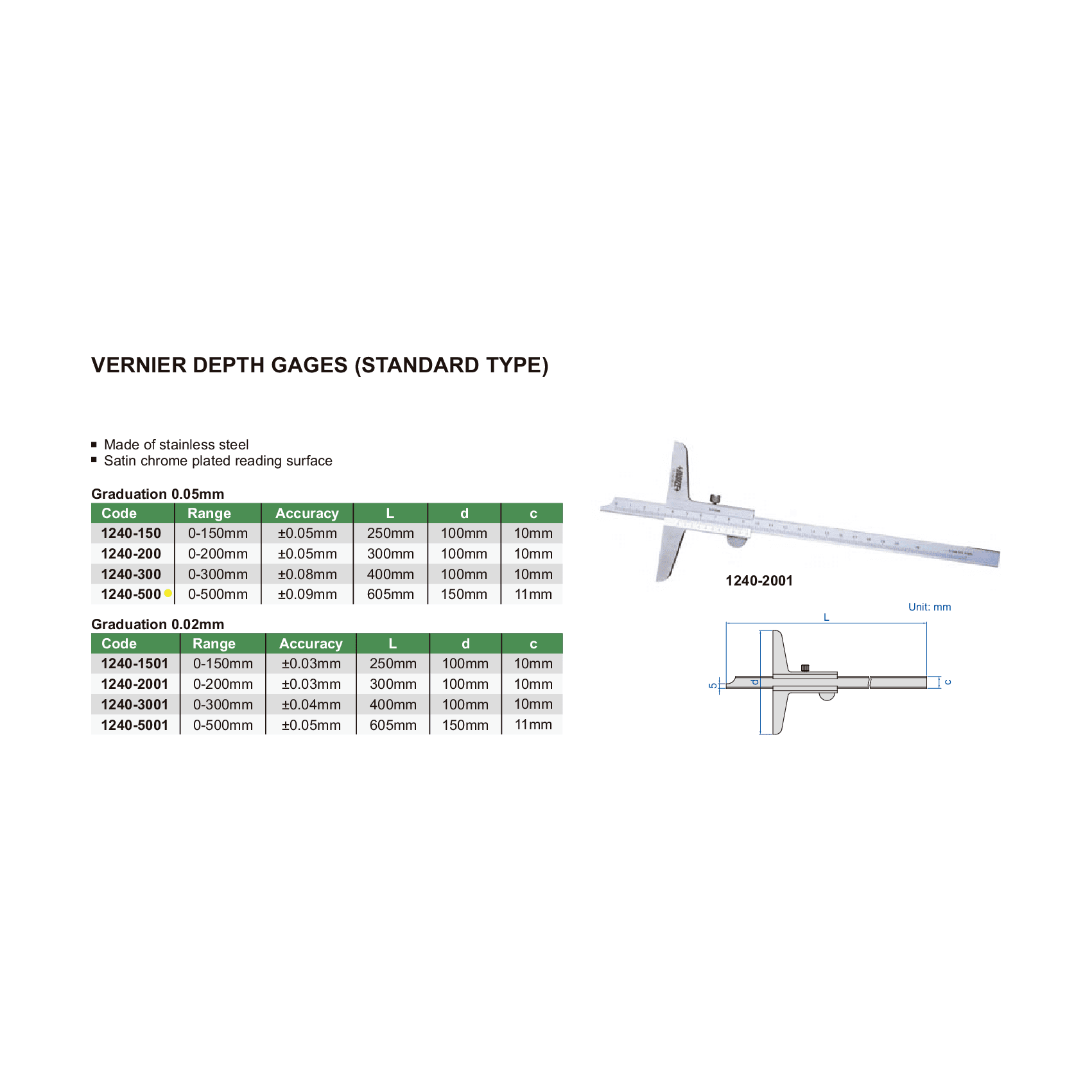 Insize Vernier Depth Gauge 0-500mm Range Series 1240-500 - Twin Eagle Imports
