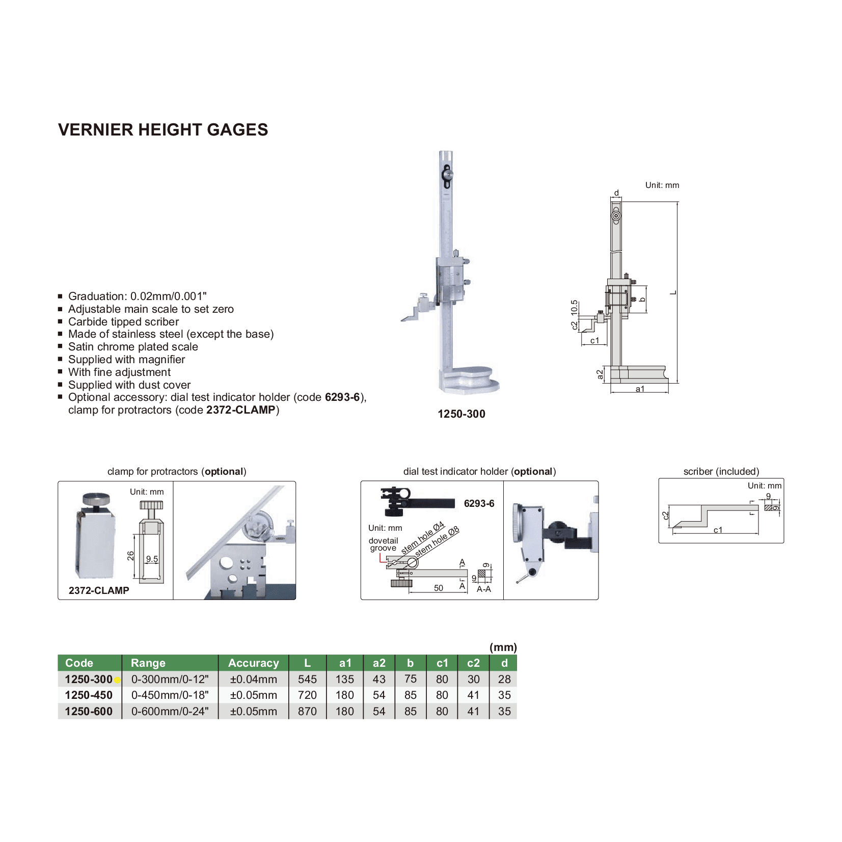 Insize Vernier Height Gauge 0-300mm / 0-12" Range Series 1250-300 - Twin Eagle Imports