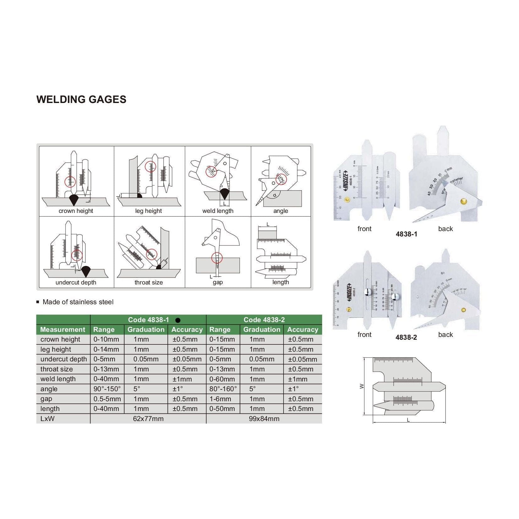 Insize Welding Gauge 62x77mm Range Series 4838-1 - Twin Eagle Imports