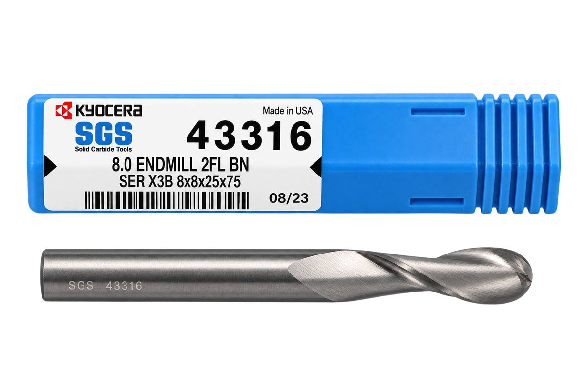 Kyocera SGS 43316 8mm 2 Flute Bright Uncoated Carbide Ball Nose End Mill - Twin Eagle Imports