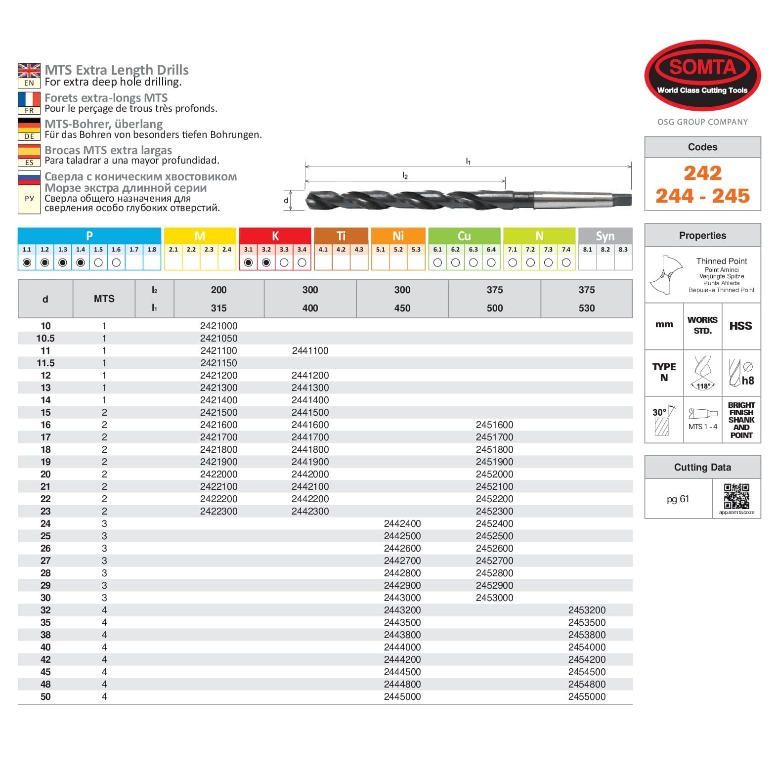 SOMTA Drill Bits Somta Series 242 - HSS No.2 Morse Taper Shank 200mm x 315mm Extra Length Drills 16mm