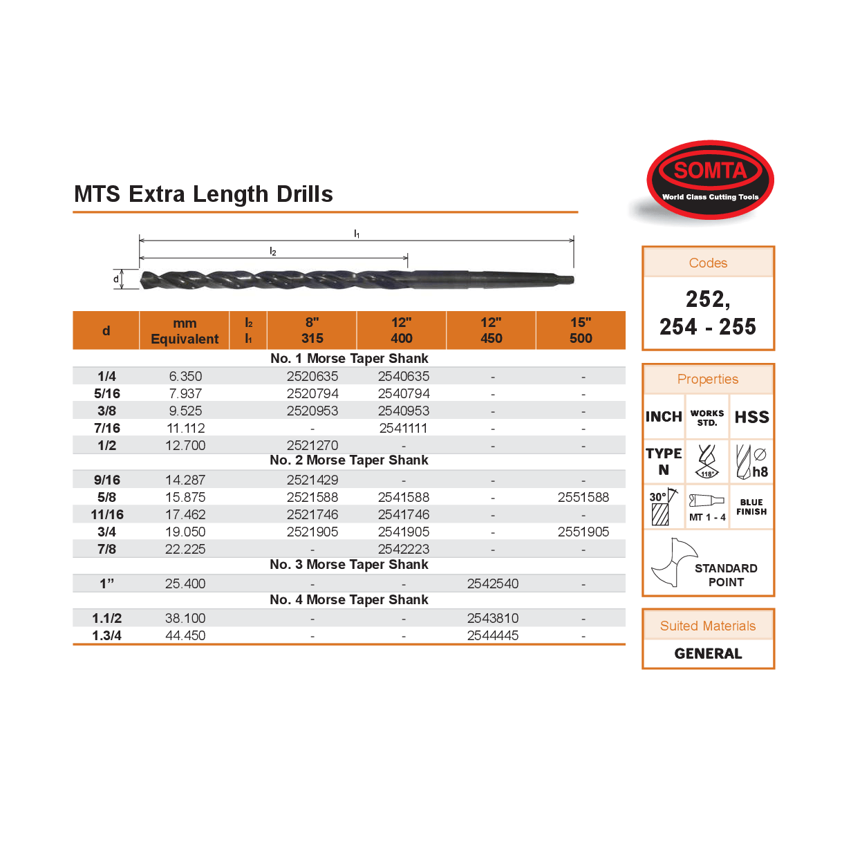 SOMTA DRILLS Somta Series 254 – 3/16" X 12" X 400 MTS EXTRA LENGTH DRILL