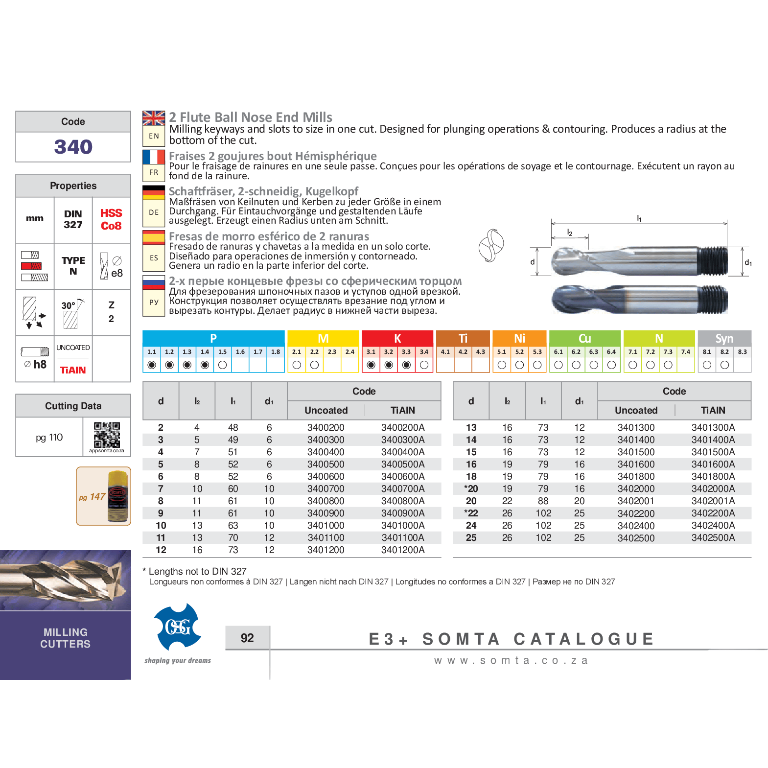 SOMTA Manufacturing Somta Series 340 – 20.0 mm HSS-Co8e Ball Nose End Mill 2 Flute