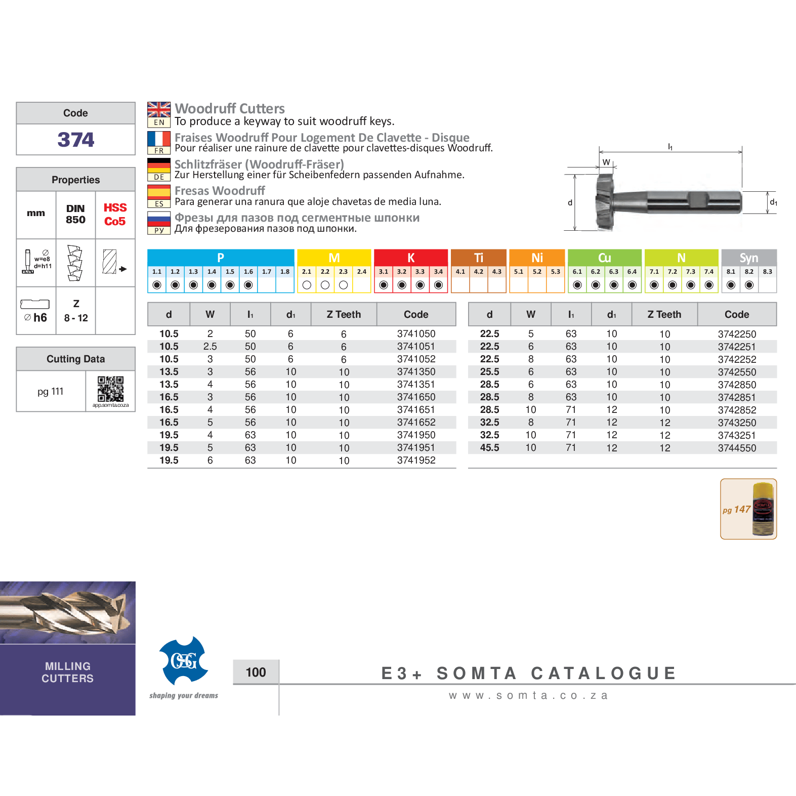SOMTA MILLING CUTTERS Somta Series 374 – Woodruff Cutter 10.5x3.0mm