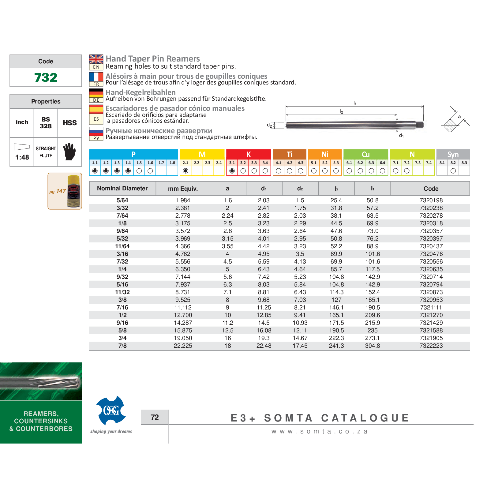SOMTA REAMERS Somta Series 732 – 3/16" HSS Hand Taper Pin Reamer