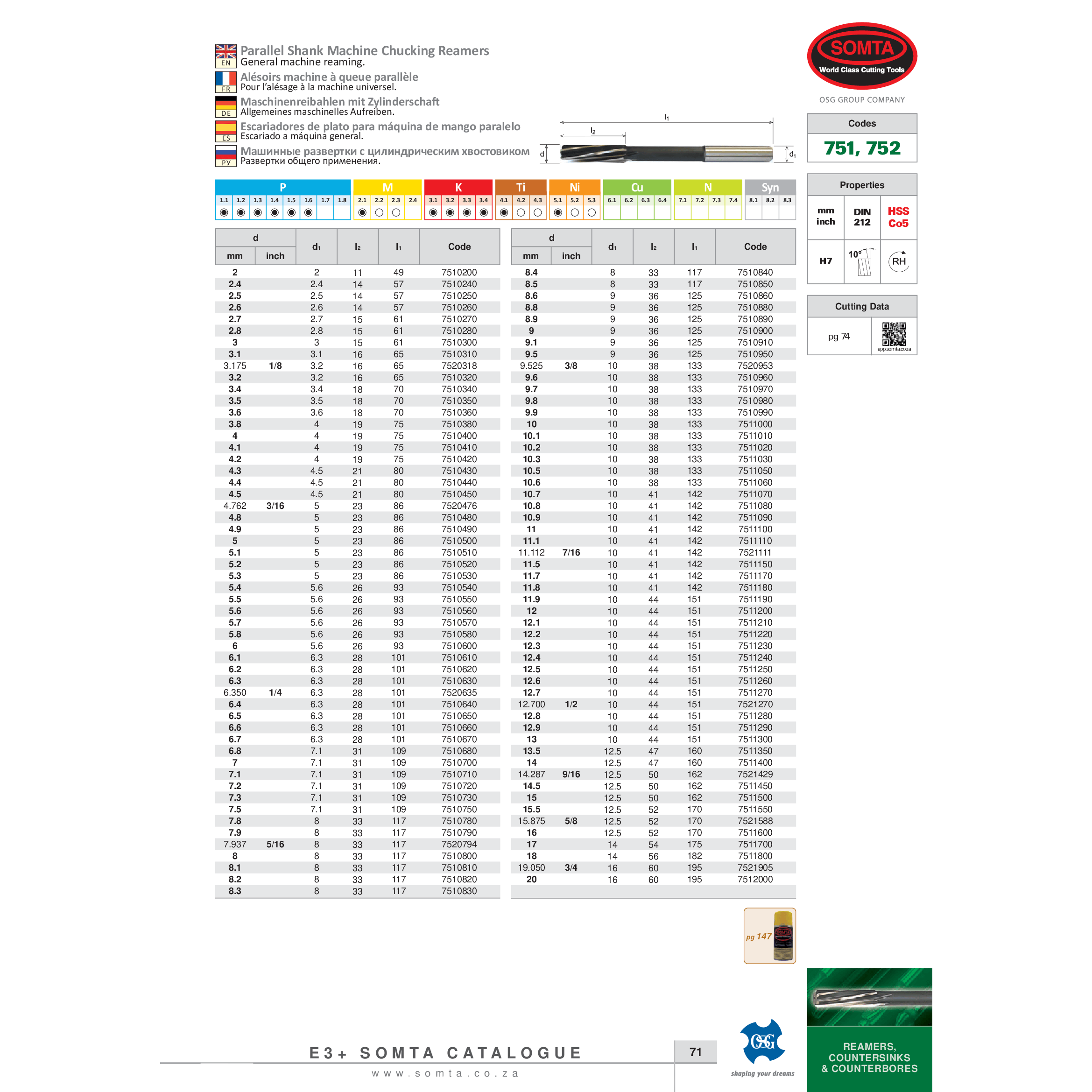 SOMTA REAMERS Somta Series 752 – 3/16" HSS-Co5 Parallel Shank Chucking Reamer