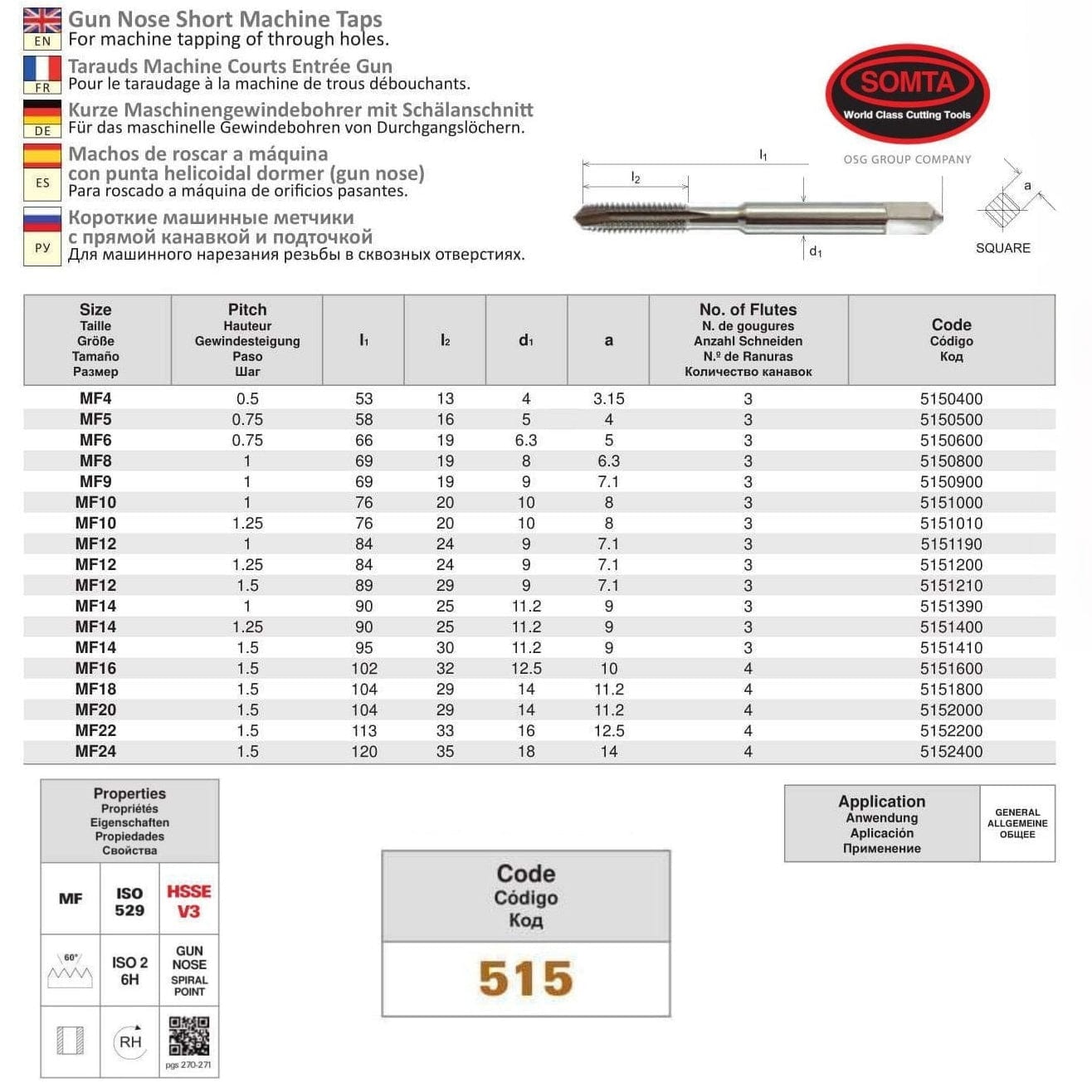 Somta Series 515 - HSSE-V Gun Nose Tap Metric M12 x 1.5 (Fine, Standard) - Twin Eagle Imports