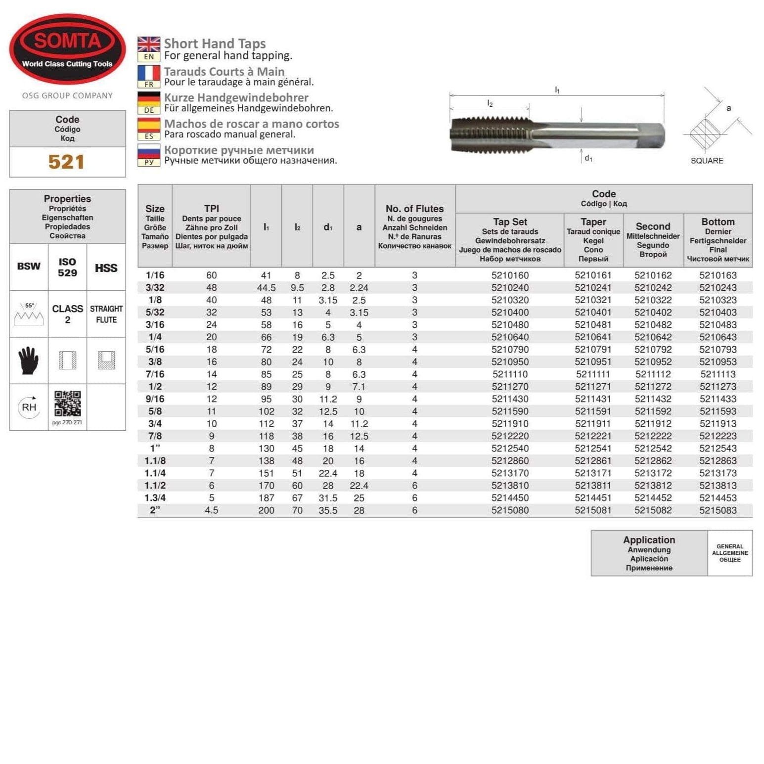 Somta Series 521 - HSS Straight Flute Short Hand Second (Intermediate) Tap BSW 1/8" x 40 TPI - Twin Eagle Imports