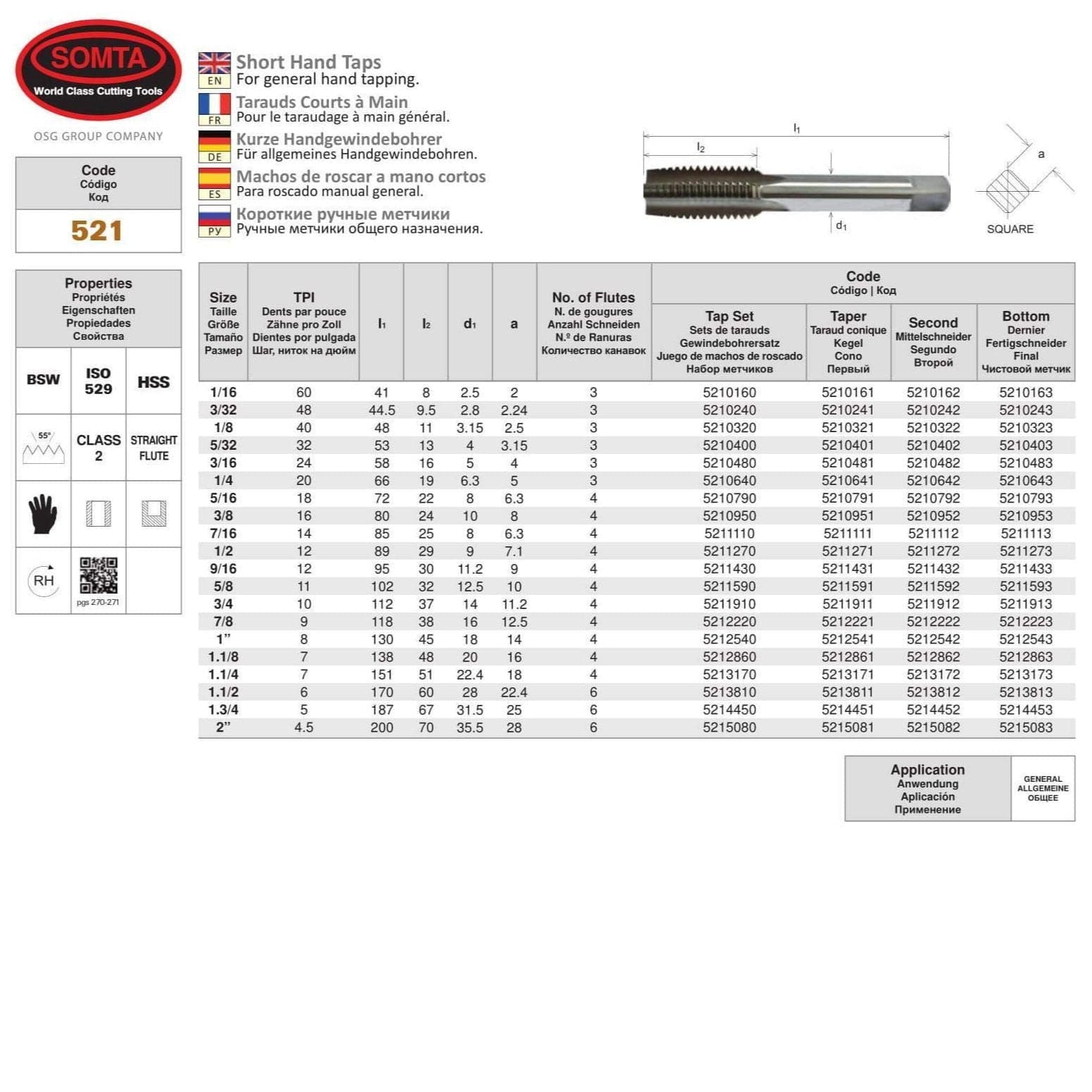 Somta Series 521 - HSS Straight Flute Short Hand Second (Intermediate) Tap BSW 3/32" x 48 TPI - Twin Eagle Imports