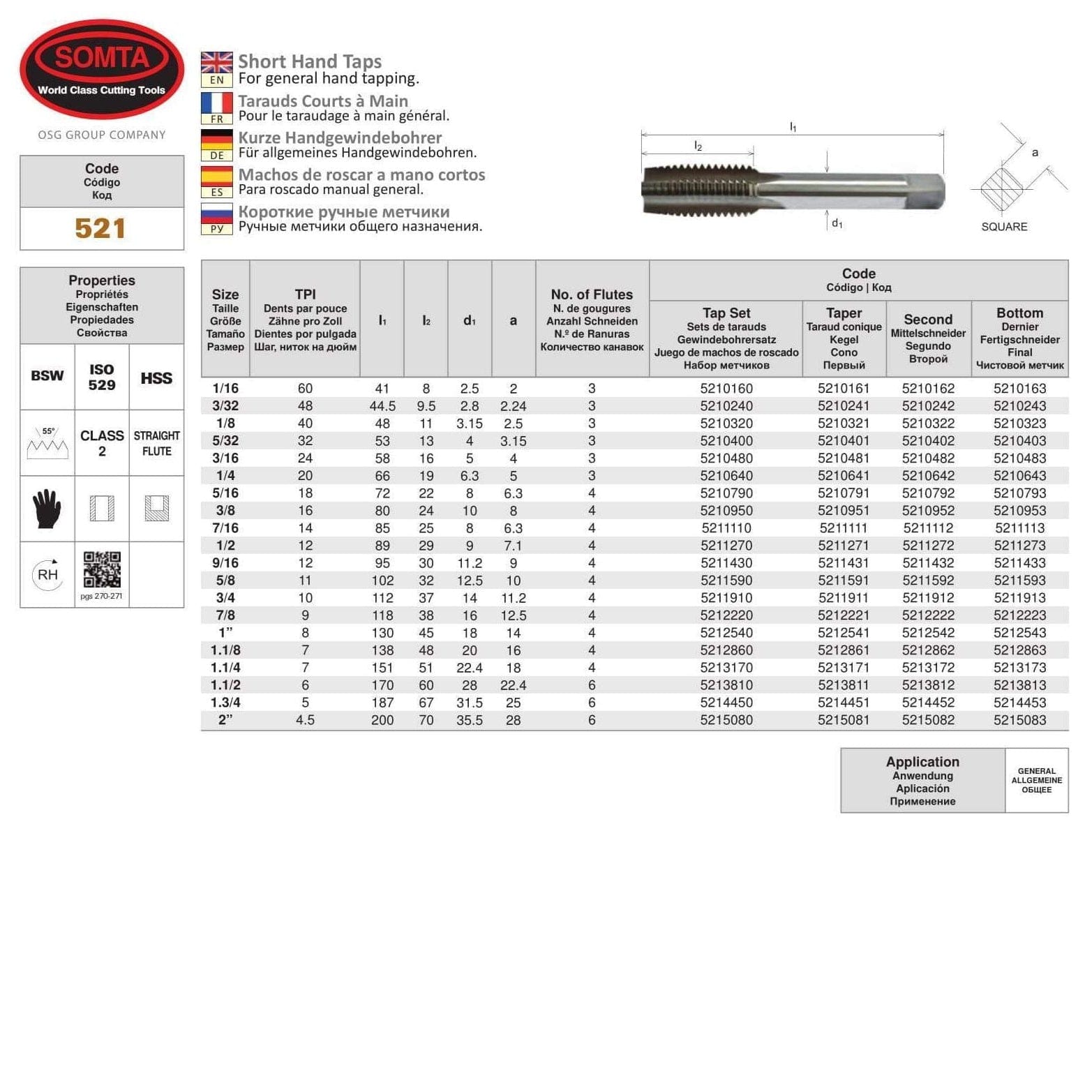 Somta Series 521 - HSS Straight Flute Short Hand Second (Intermediate) Tap BSW 3/8" x 16 TPI - Twin Eagle Imports